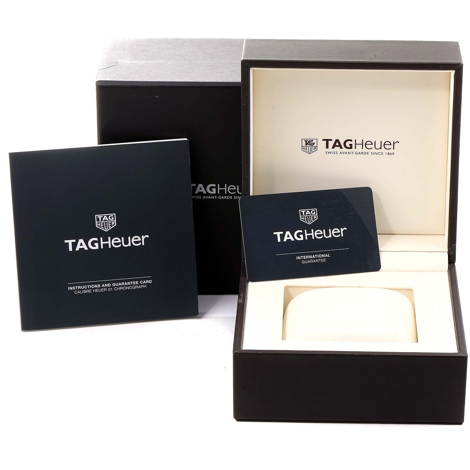 This image shows the packaging, instruction booklet, and international guarantee card for the Tag Heuer Carrera CAR2A8A.FT6072 Men's Titanium Grey Dial CAR2A8A.FT6072 Men's Titanium Grey Dial watch.