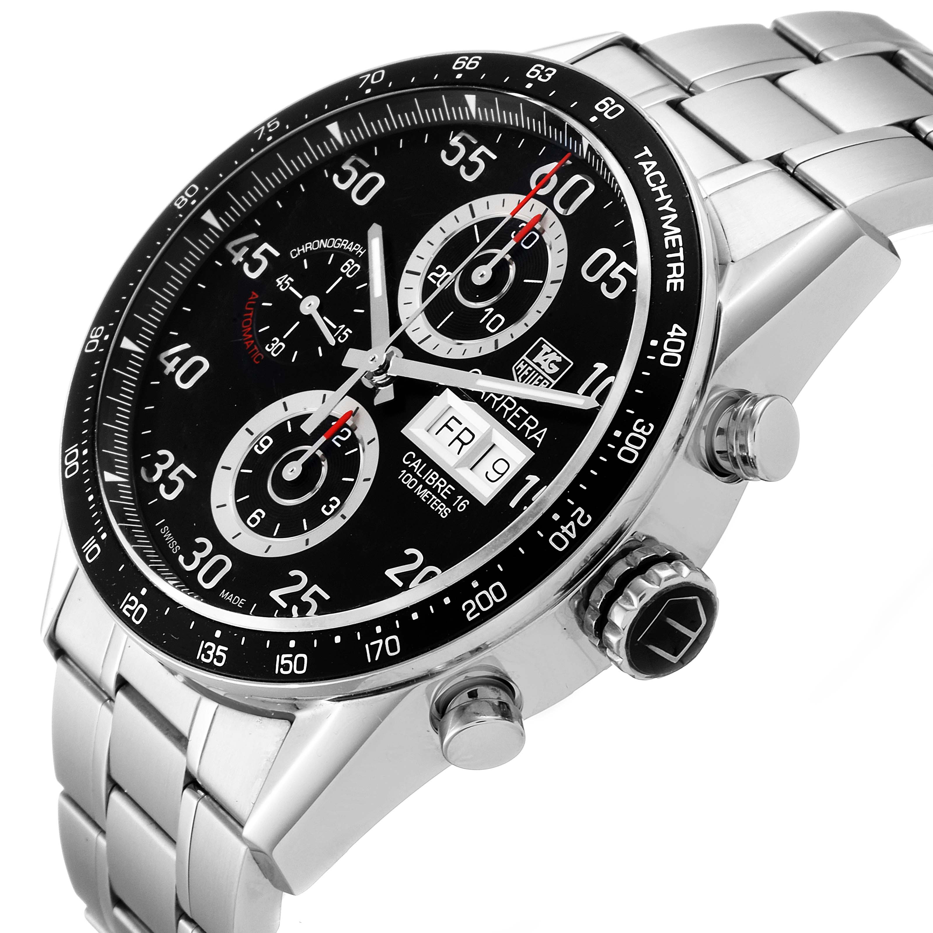 The image shows a close-up side angle of the Tag Heuer Carrera CV2A10.BA0796 Men's Stainless Steel Black Dial CV2A10.BA0796 Men's Stainless Steel Black Dial watch, highlighting the face, bezel, crown, and stainless steel bracelet.