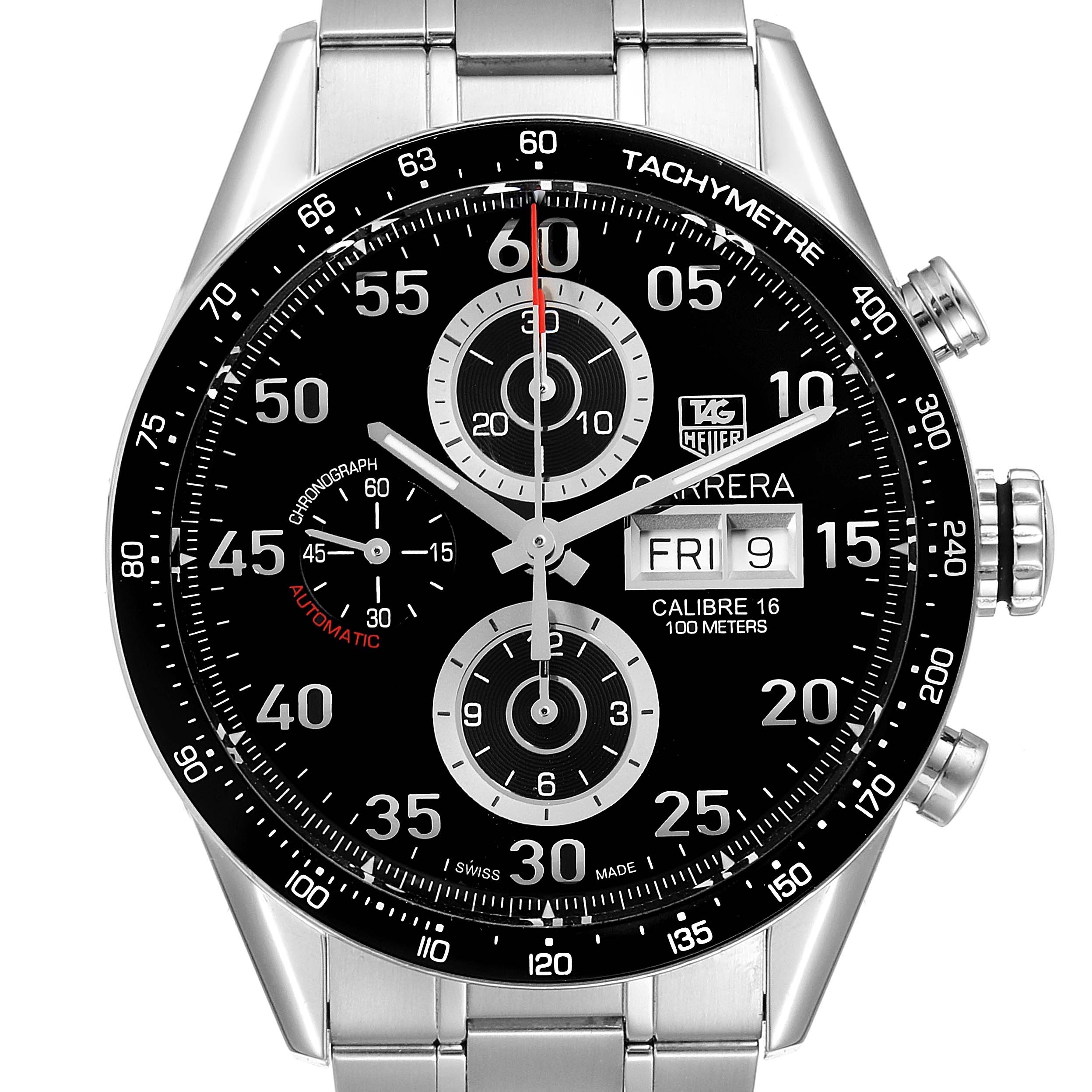 The image shows a Tag Heuer Carrera CV2A10.BA0796 Men's Stainless Steel Black Dial CV2A10.BA0796 Men's Stainless Steel Black Dial watch face at a straight-on angle, displaying its chronograph, tachymeter, and date functions.