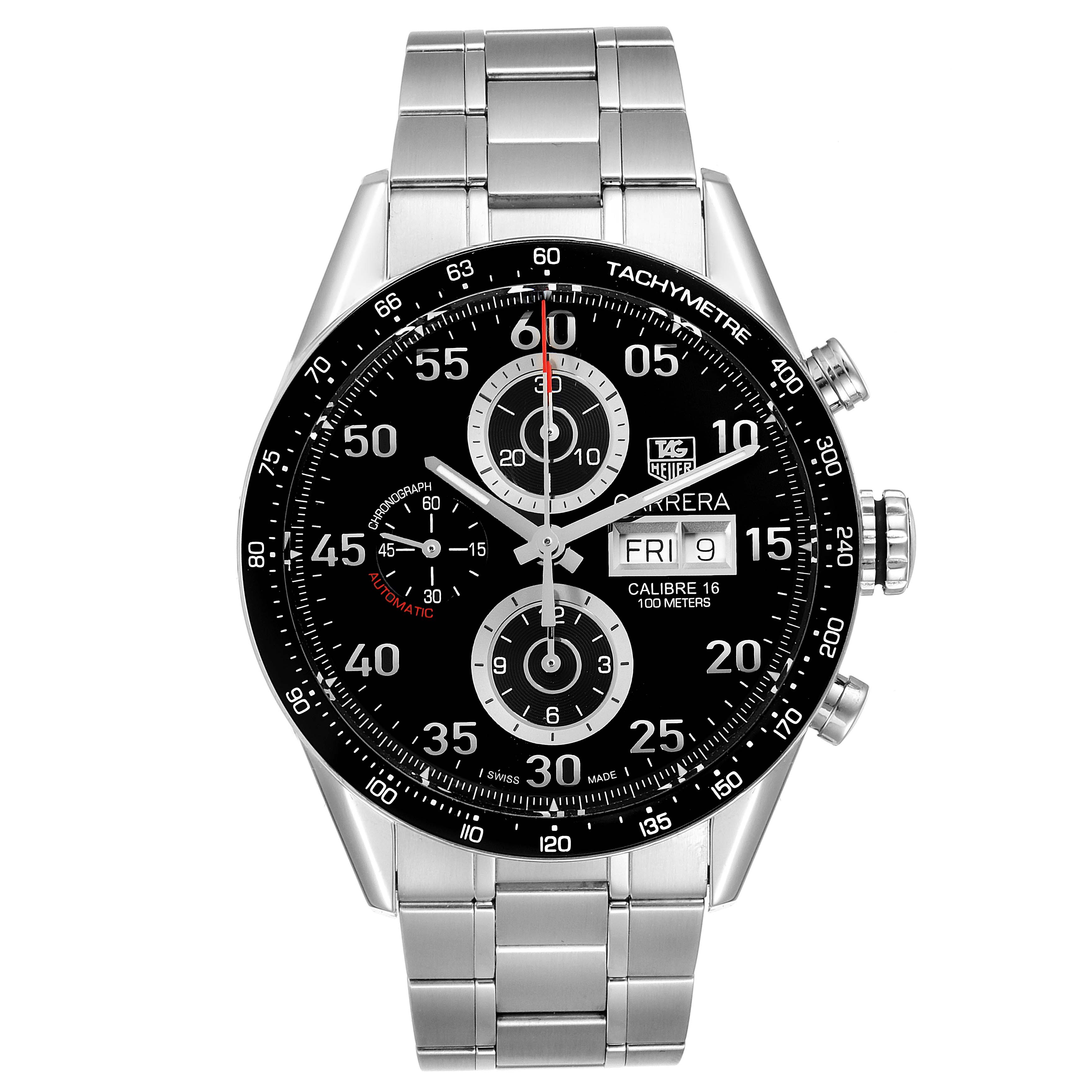 This image shows a front view of a Tag Heuer Carrera CV2A10.BA0796 Men's Stainless Steel Black Dial CV2A10.BA0796 Men's Stainless Steel Black Dial watch, highlighting the face, bezel, and stainless steel bracelet.