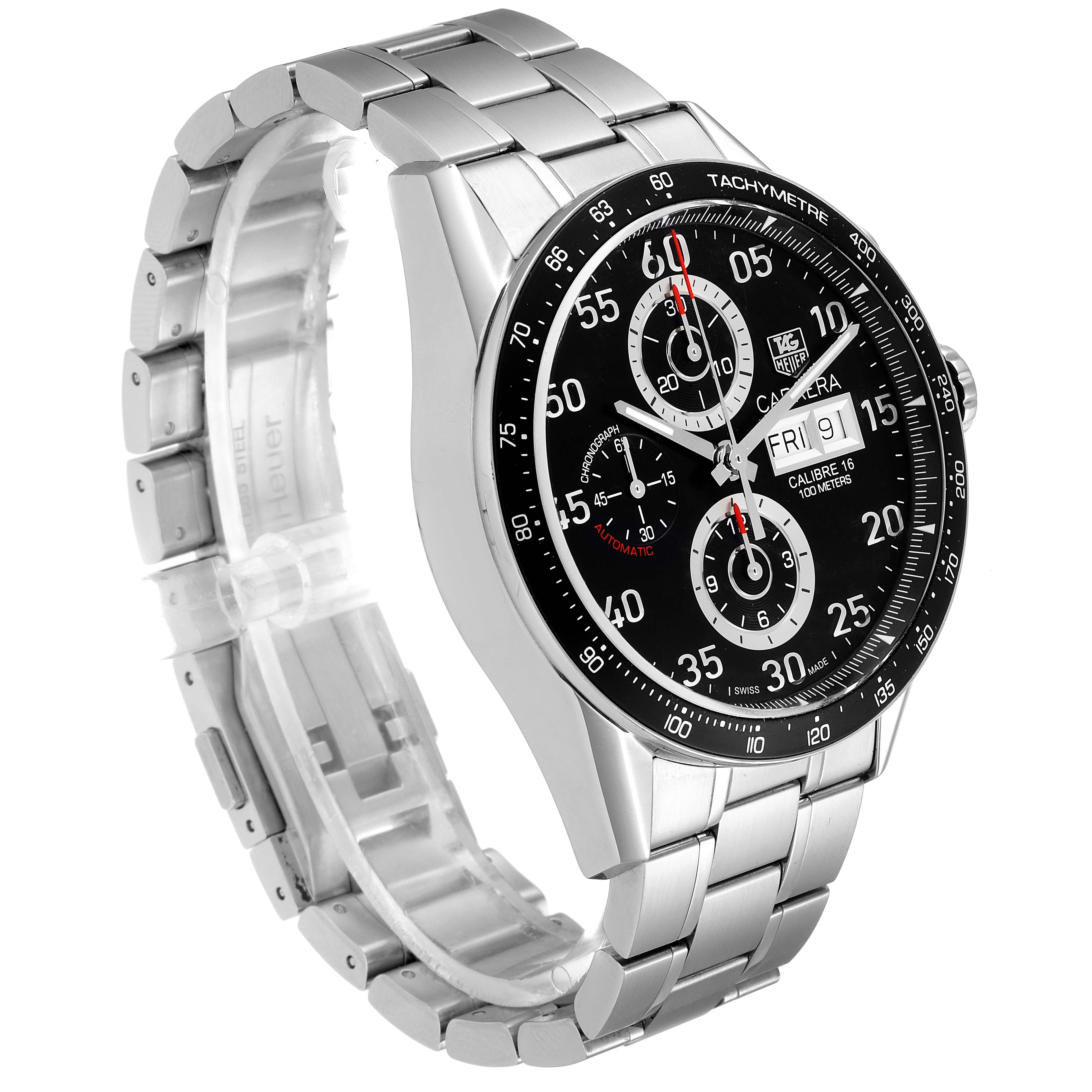 The image shows a Tag Heuer Carrera CV2A10.BA0796 Men's Stainless Steel Black Dial CV2A10.BA0796 Men's Stainless Steel Black Dial watch at an oblique angle, highlighting its black dial, silver bracelet, and chronograph features.