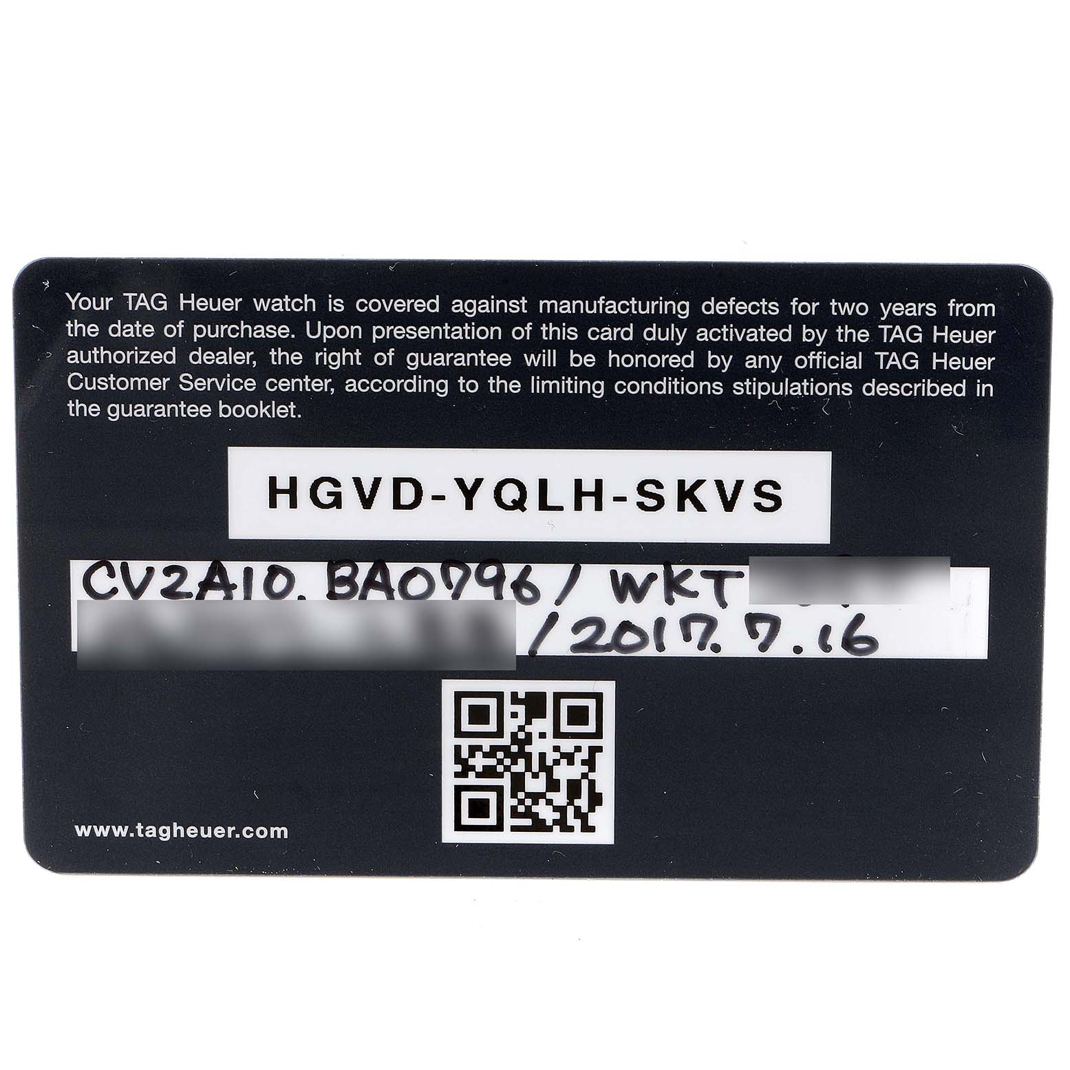 This image shows a warranty card for the Tag Heuer Carrera CV2A10.BA0796 Men's Stainless Steel Black Dial CV2A10.BA0796 Men's Stainless Steel Black Dial model watch.