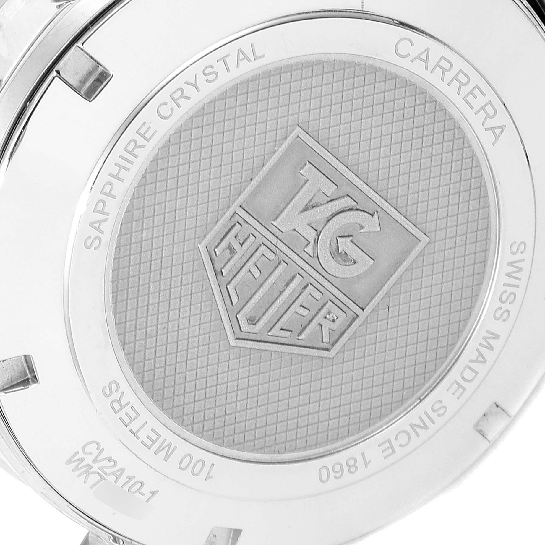 The image shows the case back of a Tag Heuer Carrera CV2A10.BA0796 Men's Stainless Steel Black Dial CV2A10.BA0796 Men's Stainless Steel Black Dial watch, including branding and specifications.