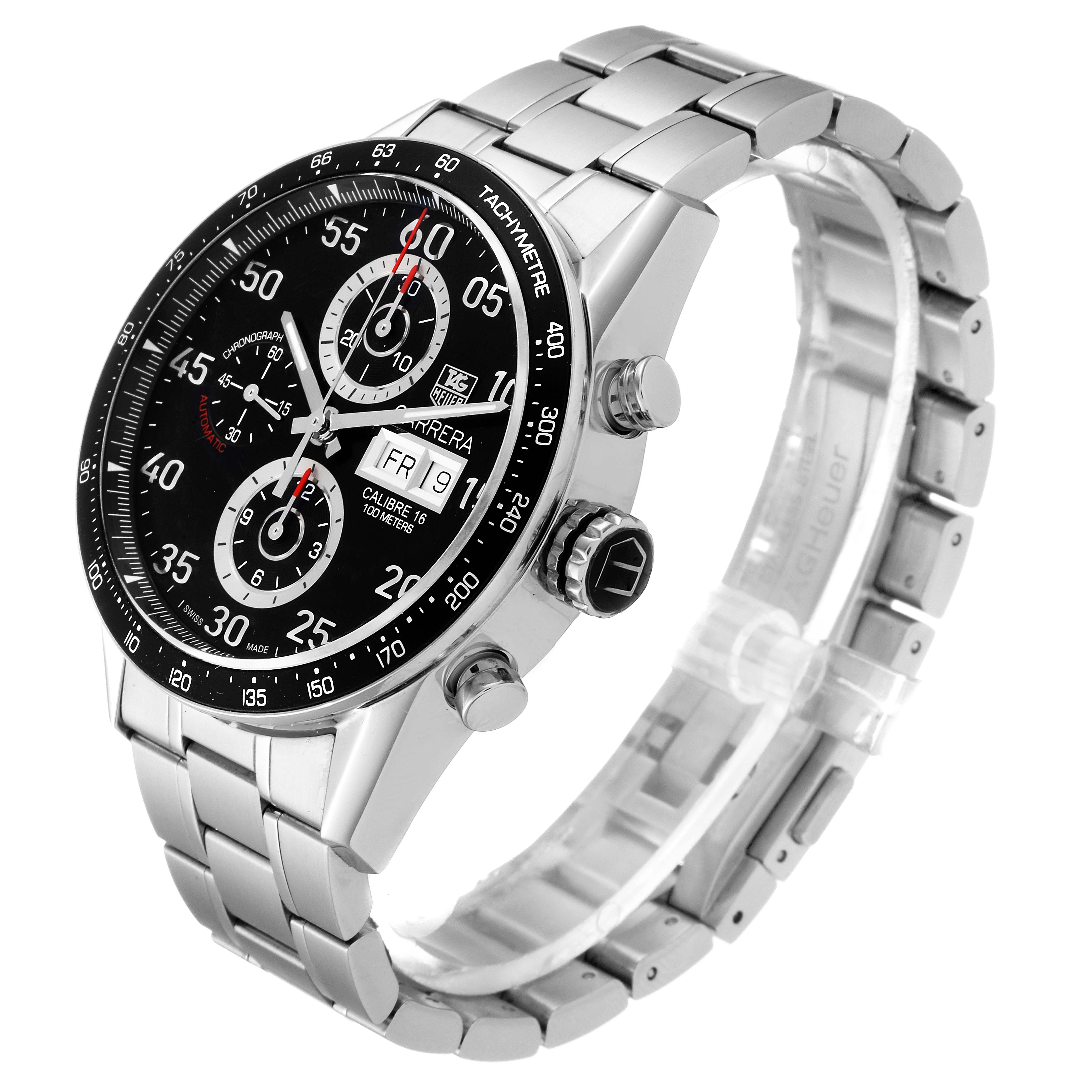 The image shows a side angled view of the Tag Heuer Carrera CV2A10.BA0796 Men's Stainless Steel Black Dial CV2A10.BA0796 Men's Stainless Steel Black Dial watch, highlighting its dial, bracelet, and pushers.