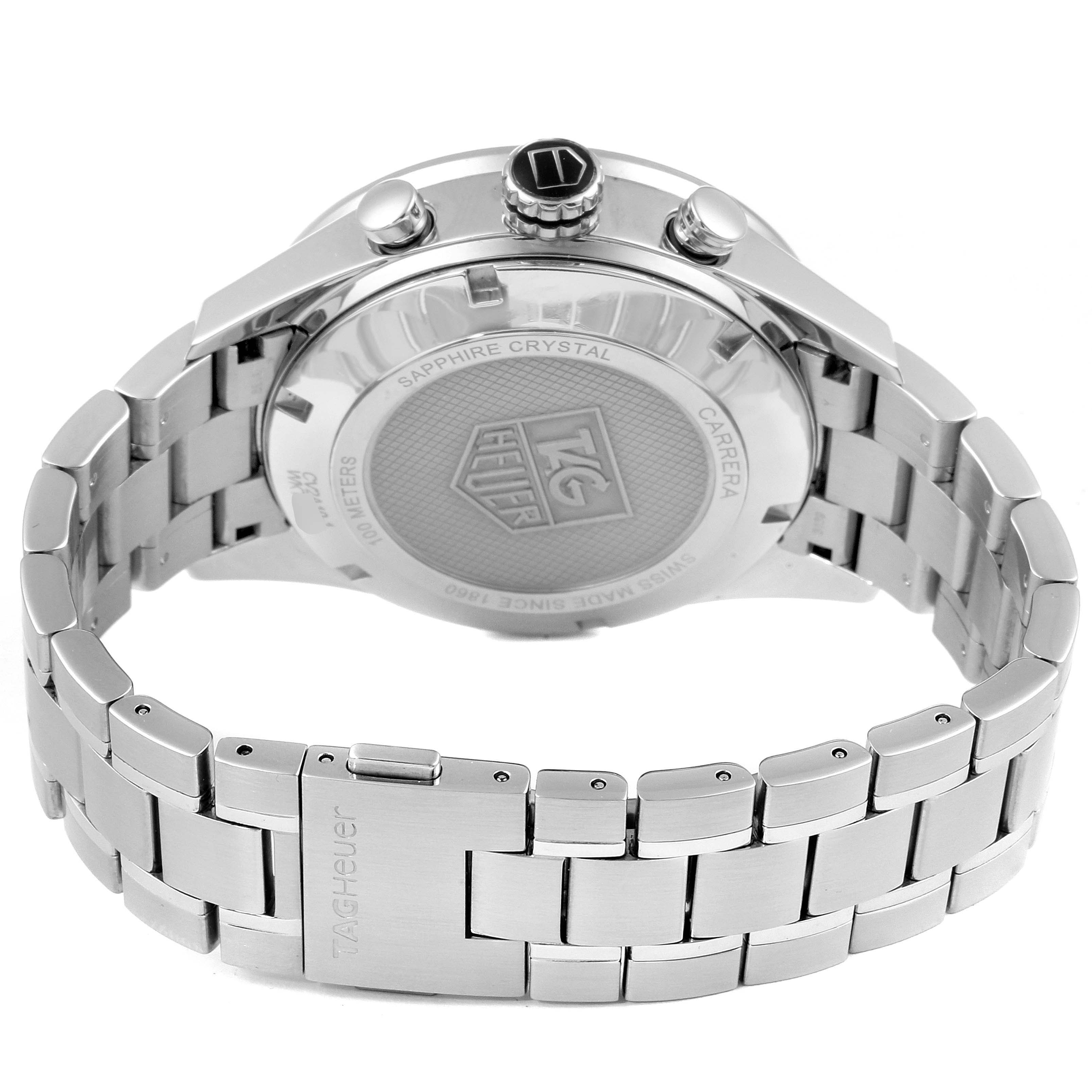 The image shows the back and stainless steel bracelet of a Tag Heuer Carrera CV2A10.BA0796 Men's Stainless Steel Black Dial CV2A10.BA0796 Men's Stainless Steel Black Dial watch at an angled rear view.