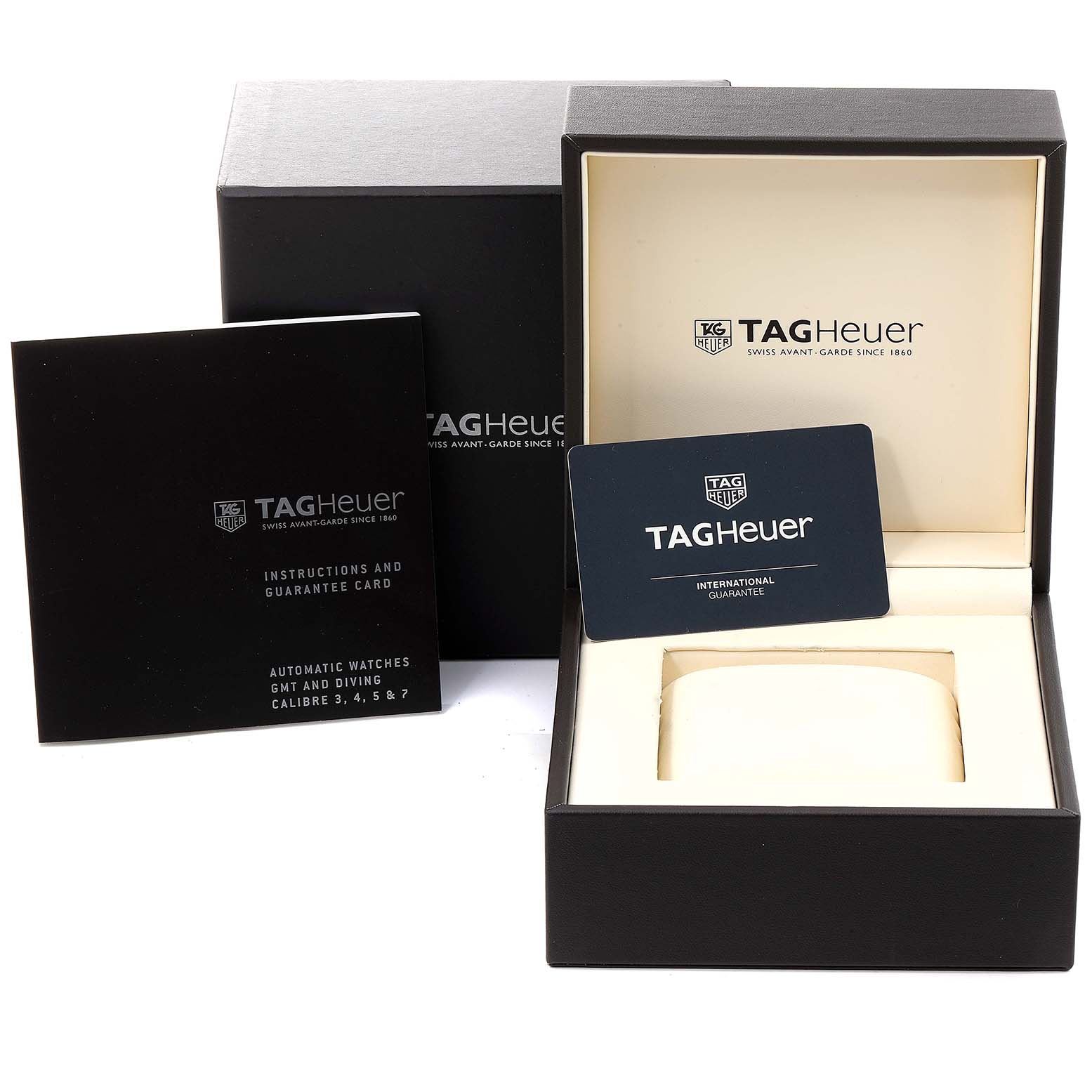 The image shows the packaging, instruction booklet, and warranty card for a Tag Heuer Carrera CV2A10.BA0796 Men's Stainless Steel Black Dial CV2A10.BA0796 Men's Stainless Steel Black Dial watch.