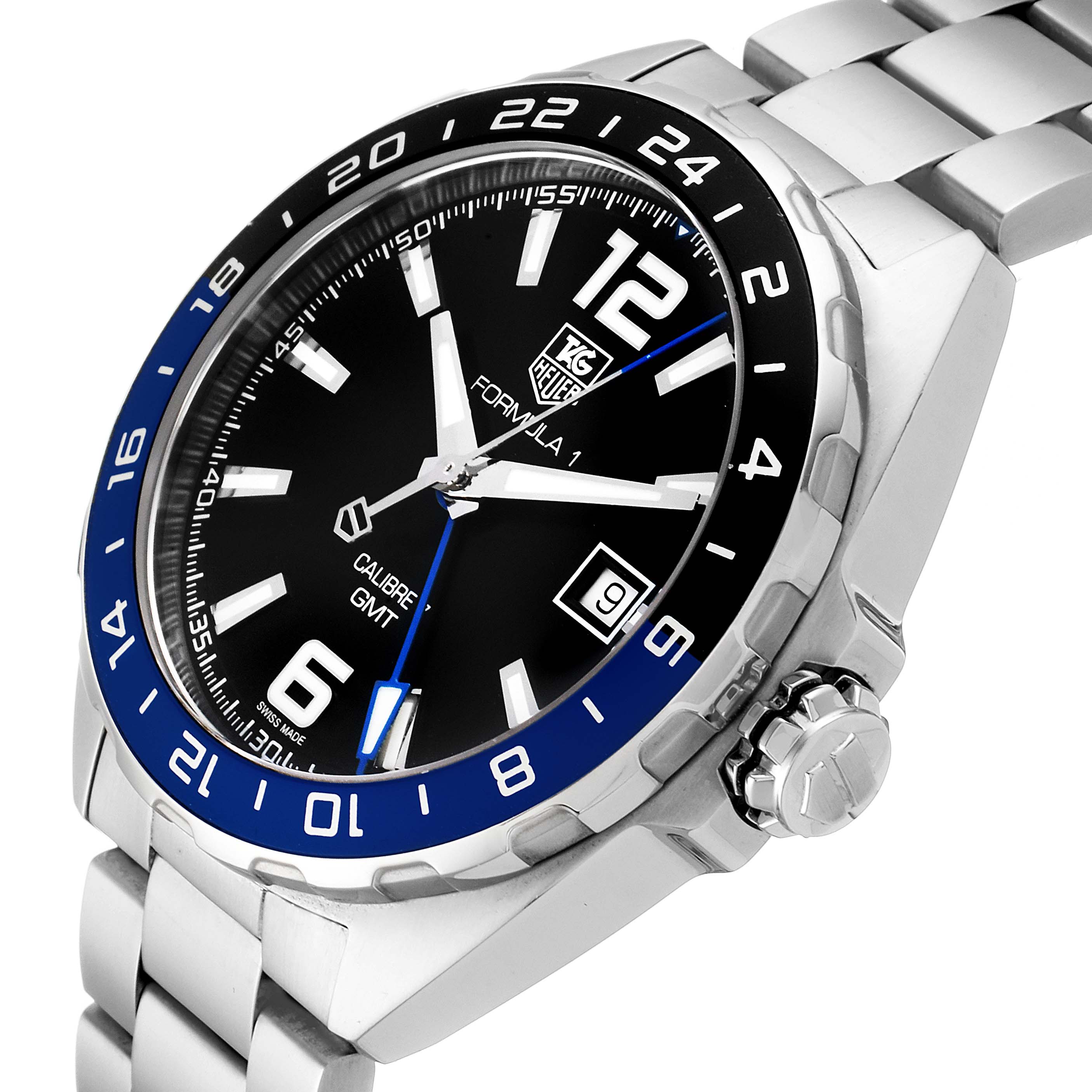 The image shows a close-up, angled view of the Tag Heuer Formula 1 WAZ211A.BA0875 Men's Stainless Steel Black Dial WAZ211A.BA0875 Men's Stainless Steel Black Dial watch displaying its face, bezel, and part of the bracelet.