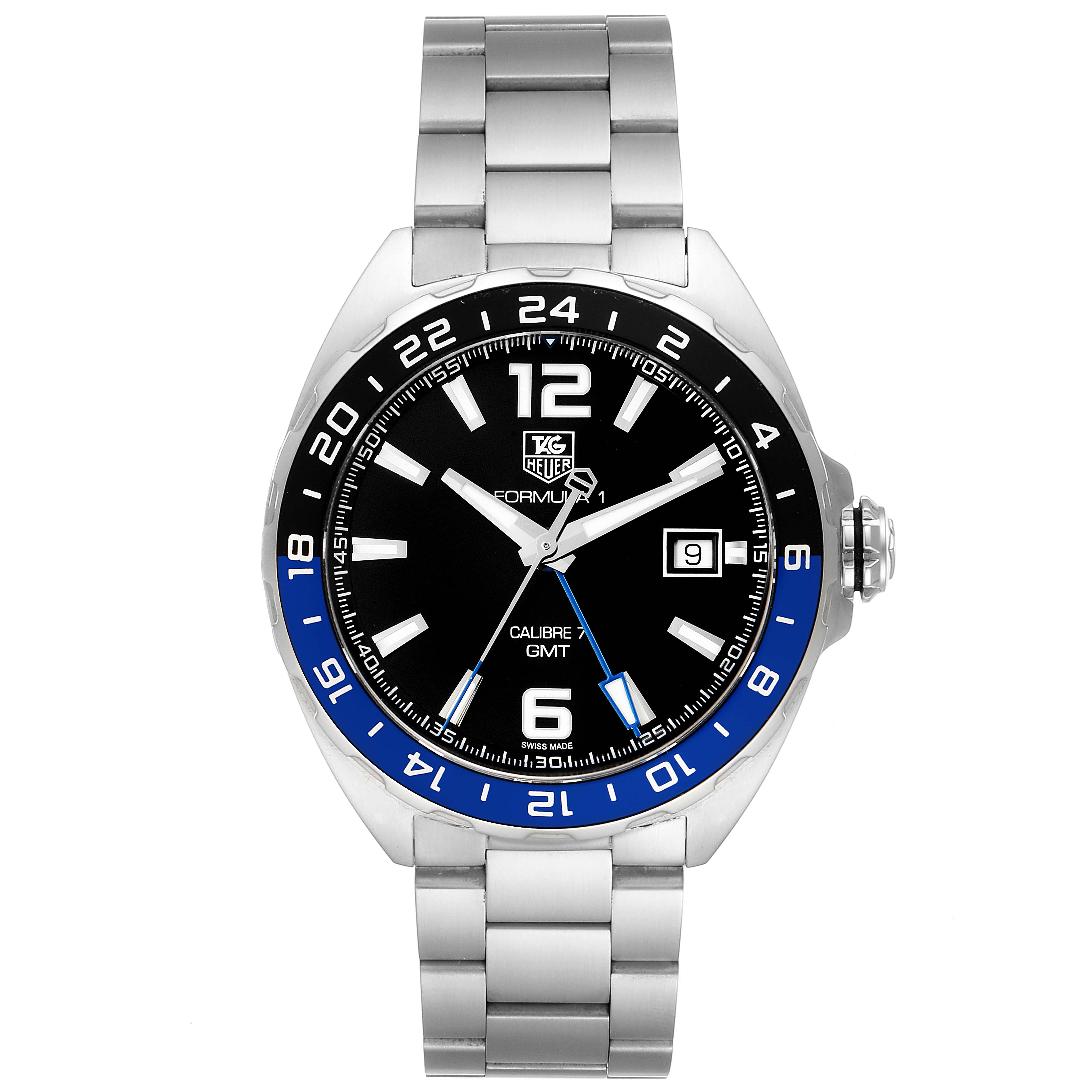 The image shows a front view of the Tag Heuer Formula 1 WAZ211A.BA0875 Men's Stainless Steel Black Dial WAZ211A.BA0875 Men's Stainless Steel Black Dial watch, highlighting its face, bezel, and metal bracelet.