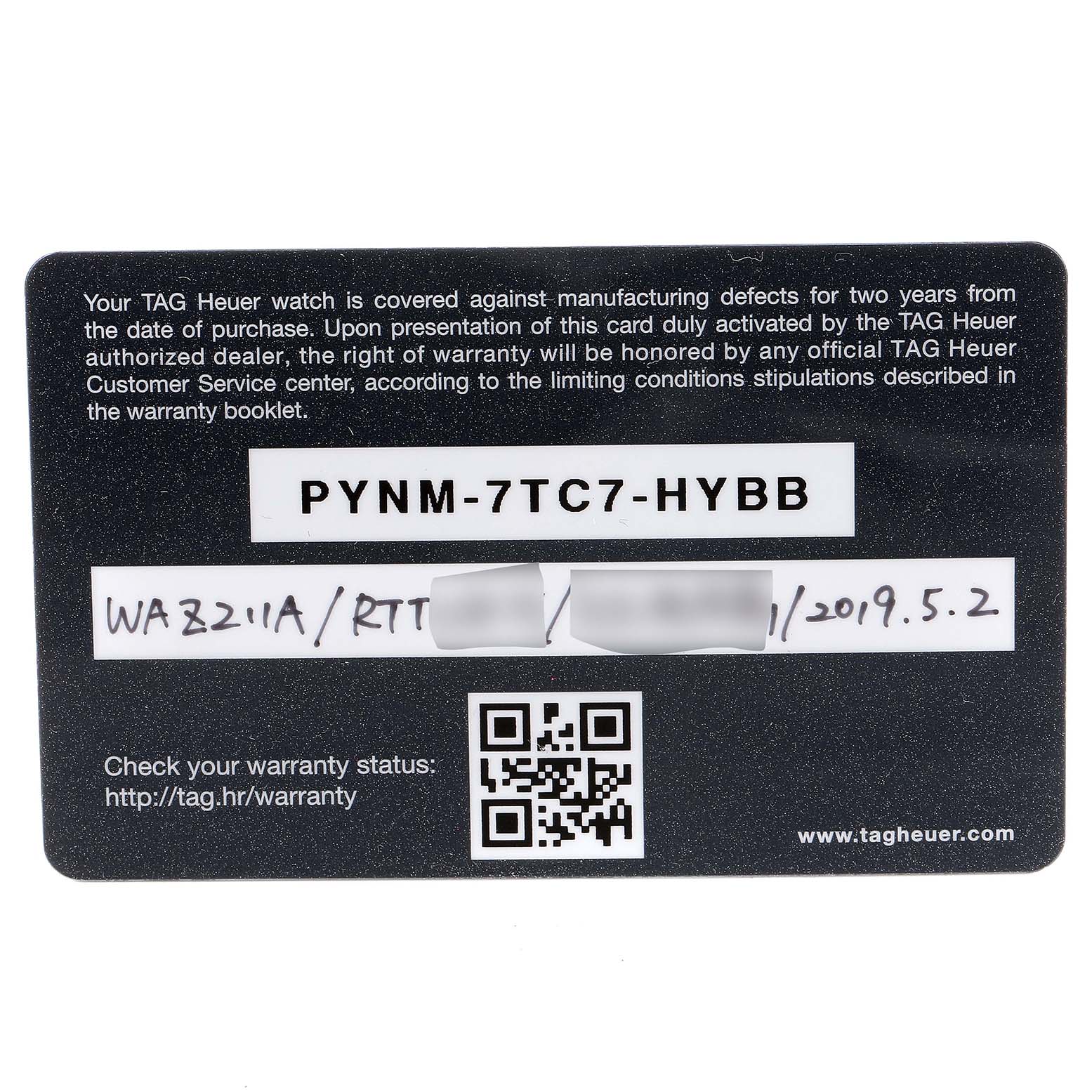 The image shows a warranty card for the Tag Heuer Formula 1 WAZ211A.BA0875 Men's Stainless Steel Black Dial WAZ211A.BA0875 Men's Stainless Steel Black Dial model, featuring the serial number, model number, and purchase date.