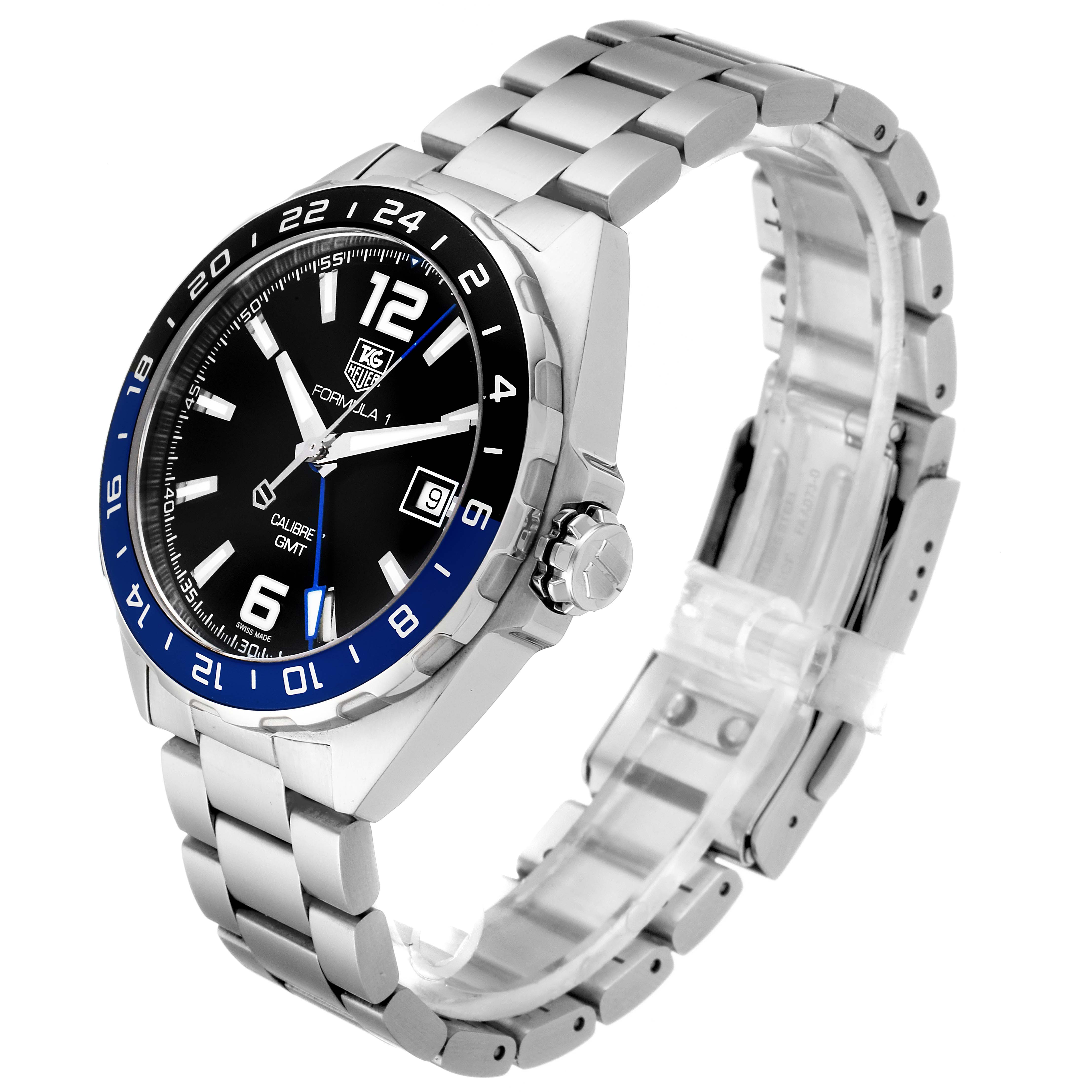 The image shows a three-quarter view of the Tag Heuer Formula 1 WAZ211A.BA0875 Men's Stainless Steel Black Dial WAZ211A.BA0875 Men's Stainless Steel Black Dial watch, highlighting its face, bezel, and metal bracelet.