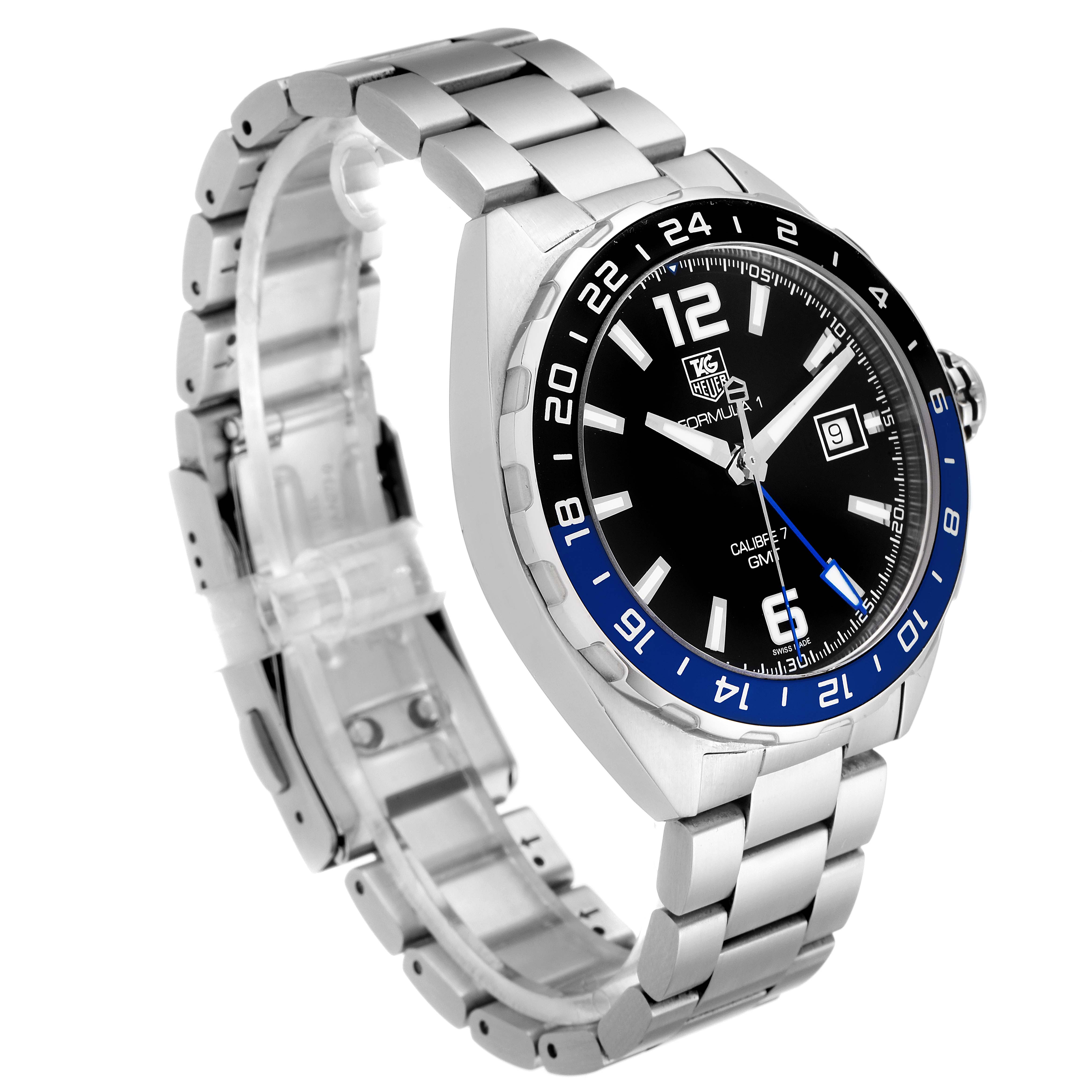 The Tag Heuer Formula 1 WAZ211A.BA0875 Men's Stainless Steel Black Dial WAZ211A.BA0875 Men's Stainless Steel Black Dial model watch is shown at a slight angle, displaying the bracelet, bezel, and face with a visible date indicator.