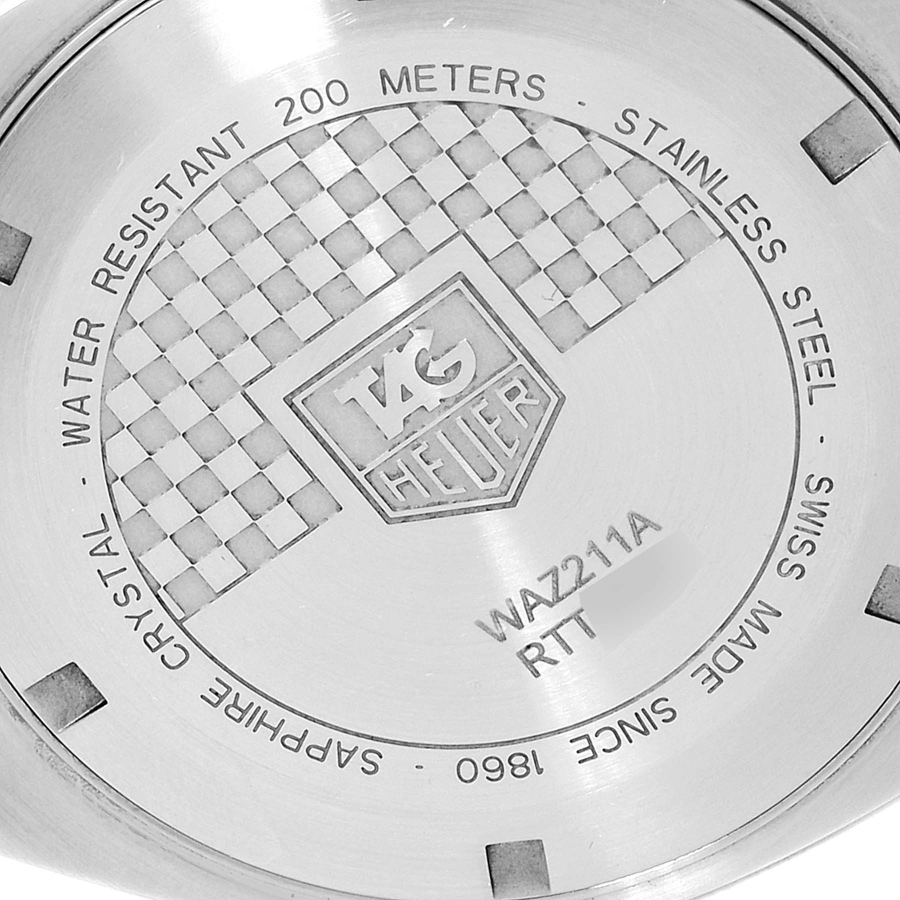 The image shows the case back of a Tag Heuer Formula 1 WAZ211A.BA0875 Men's Stainless Steel Black Dial WAZ211A.BA0875 Men's Stainless Steel Black Dial watch, displaying its branding and specifications.