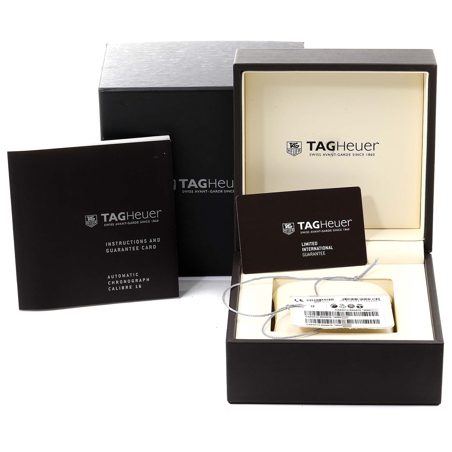 The image shows the packaging, instruction booklet, guarantee card, and inner box for a Tag Heuer Formula 1 CAZ2012.BA0970 Men's Stainless Steel Grey Dial CAZ2012.BA0970 Men's Stainless Steel Grey Dial watch.