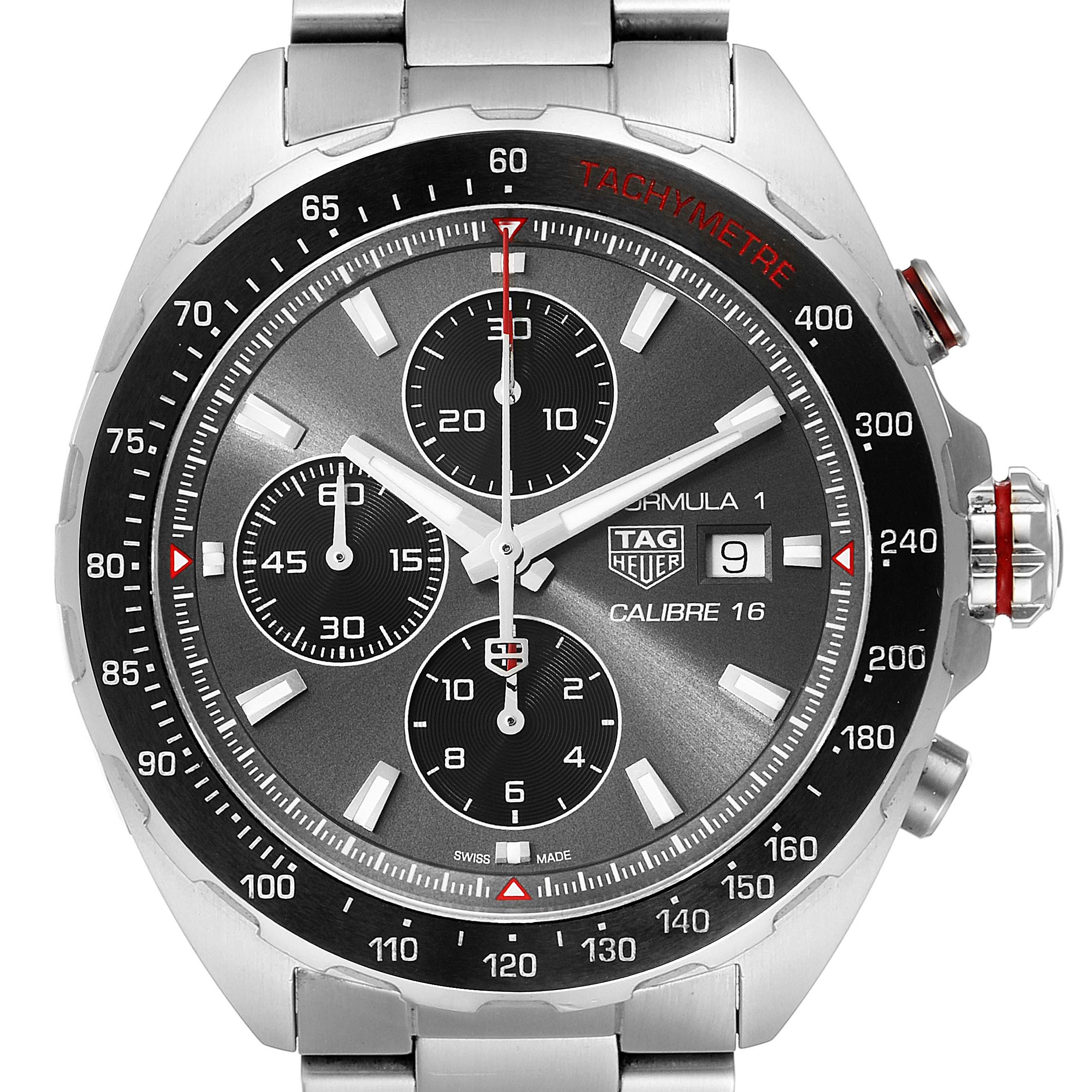 The image shows the face of a Tag Heuer Formula 1 CAZ2012.BA0970 Men's Stainless Steel Grey Dial CAZ2012.BA0970 Men's Stainless Steel Grey Dial watch, including its chronograph dials, date display, and tachymeter bezel.