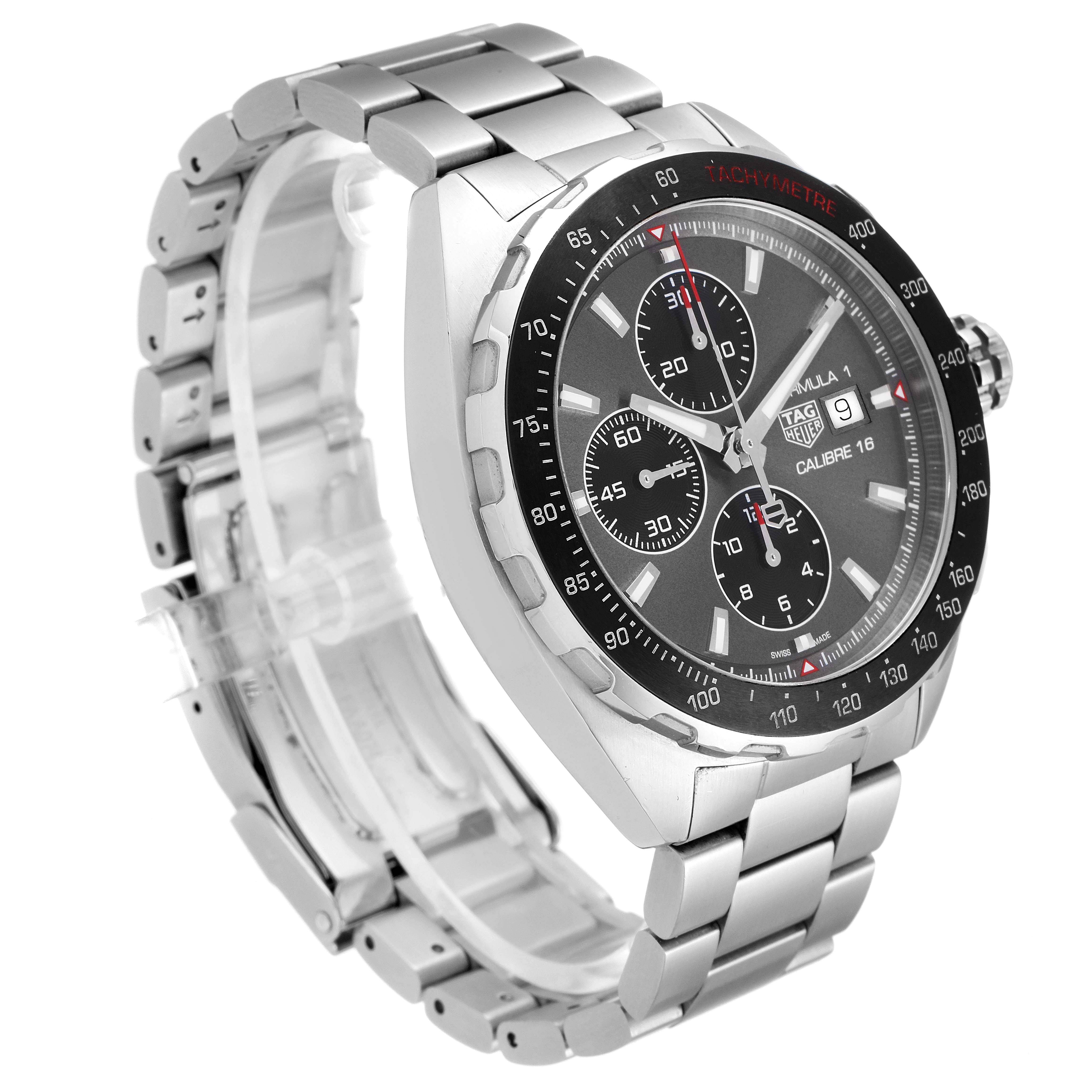 The image shows a side angle of a Tag Heuer Formula 1 CAZ2012.BA0970 Men's Stainless Steel Grey Dial CAZ2012.BA0970 Men's Stainless Steel Grey Dial watch highlighting the face, bezel, crown, and stainless steel bracelet.