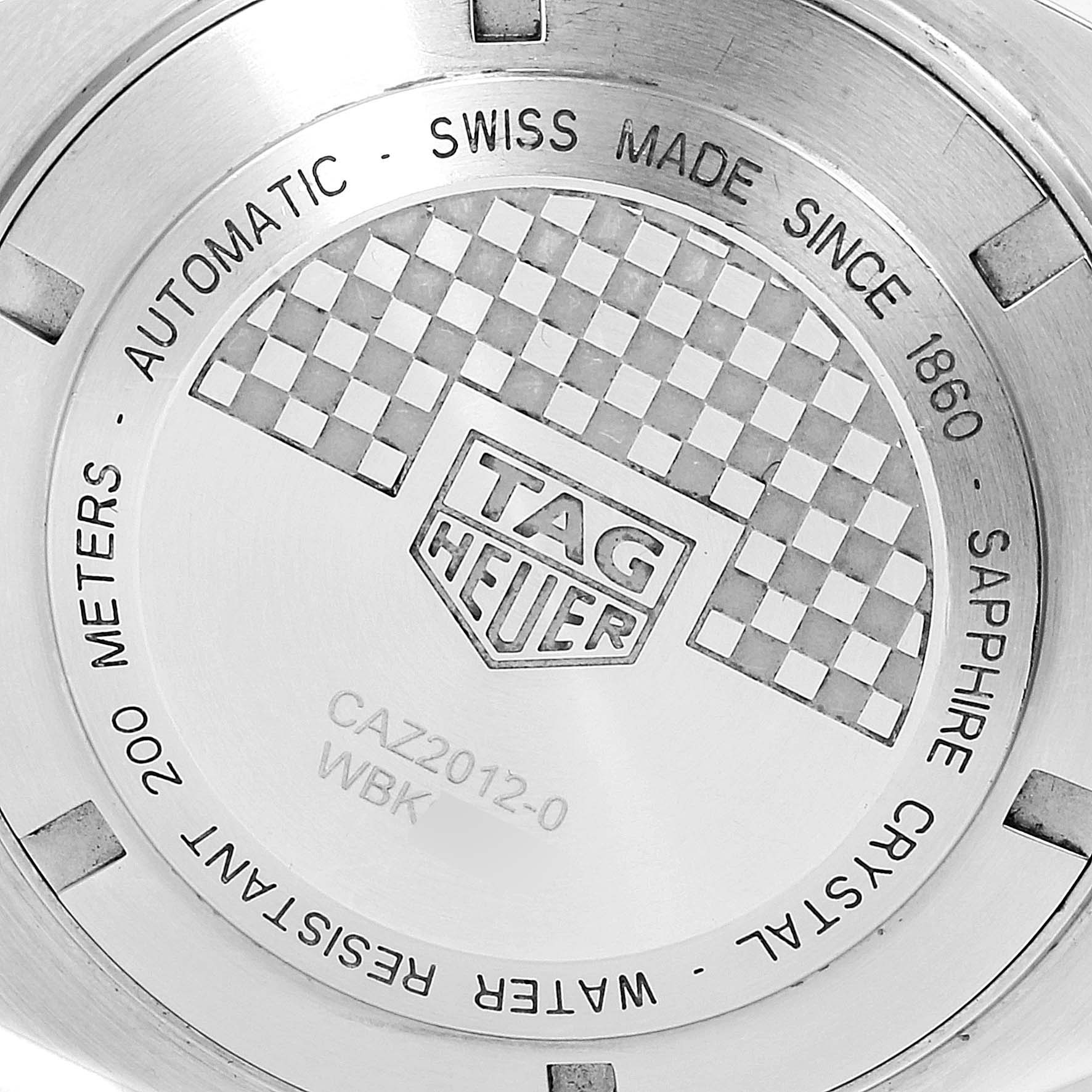 This angle shows the back of the Tag Heuer Formula 1 CAZ2012.BA0970 Men's Stainless Steel Grey Dial CAZ2012.BA0970 Men's Stainless Steel Grey Dial watch, detailing its specifications and logo.