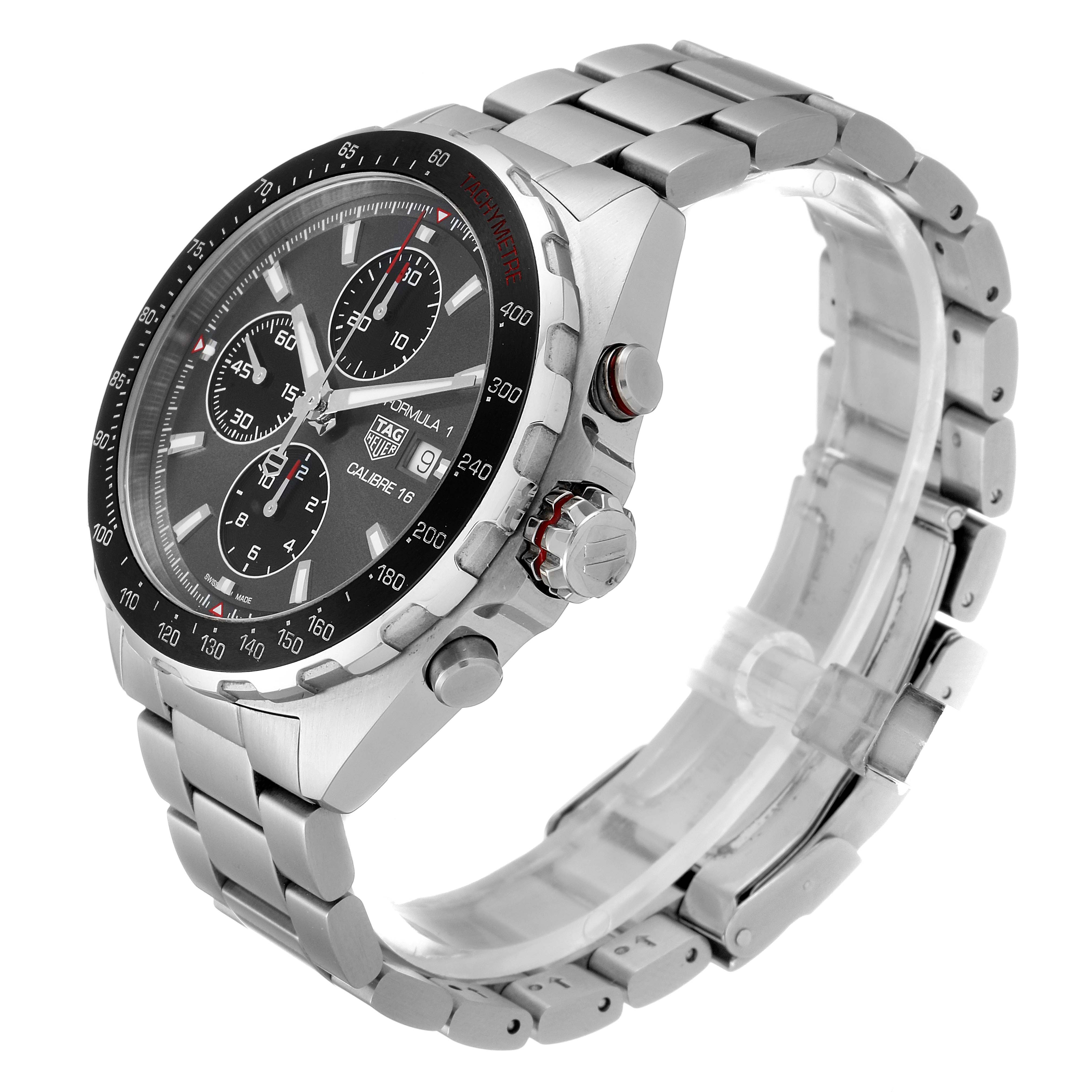 The image shows a side and front angle of the Tag Heuer Formula 1 CAZ2012.BA0970 Men's Stainless Steel Grey Dial CAZ2012.BA0970 Men's Stainless Steel Grey Dial watch, highlighting the stainless steel bracelet and chronograph dials.