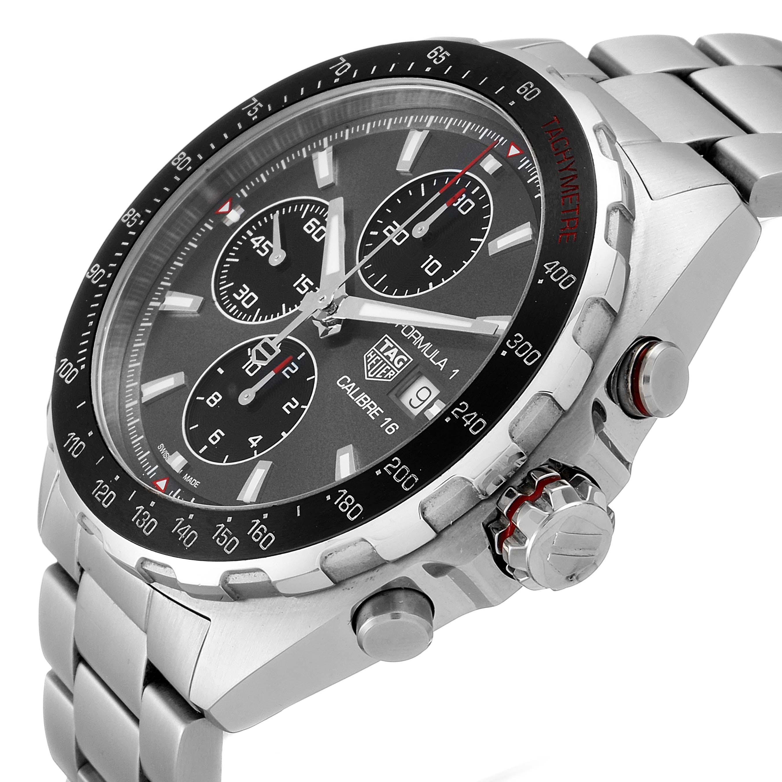 The image shows a side angle of the Tag Heuer Formula 1 CAZ2012.BA0970 Men's Stainless Steel Grey Dial CAZ2012.BA0970 Men's Stainless Steel Grey Dial watch, highlighting its dial, bezel, crown, and chronograph buttons.