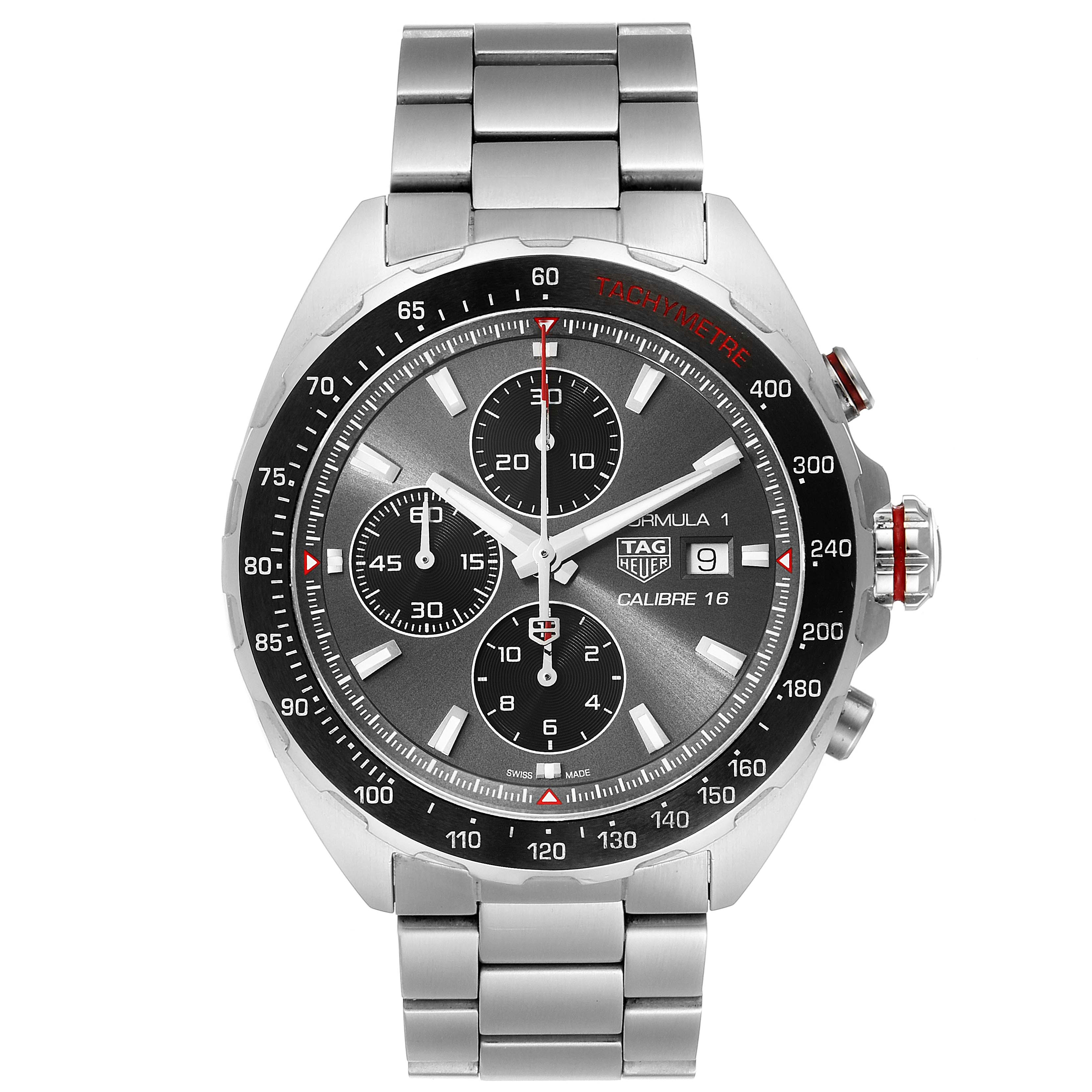 The Tag Heuer Formula 1 CAZ2012.BA0970 Men's Stainless Steel Grey Dial CAZ2012.BA0970 Men's Stainless Steel Grey Dial model watch is shown from a frontal angle, displaying its dial, bezel, and bracelet.