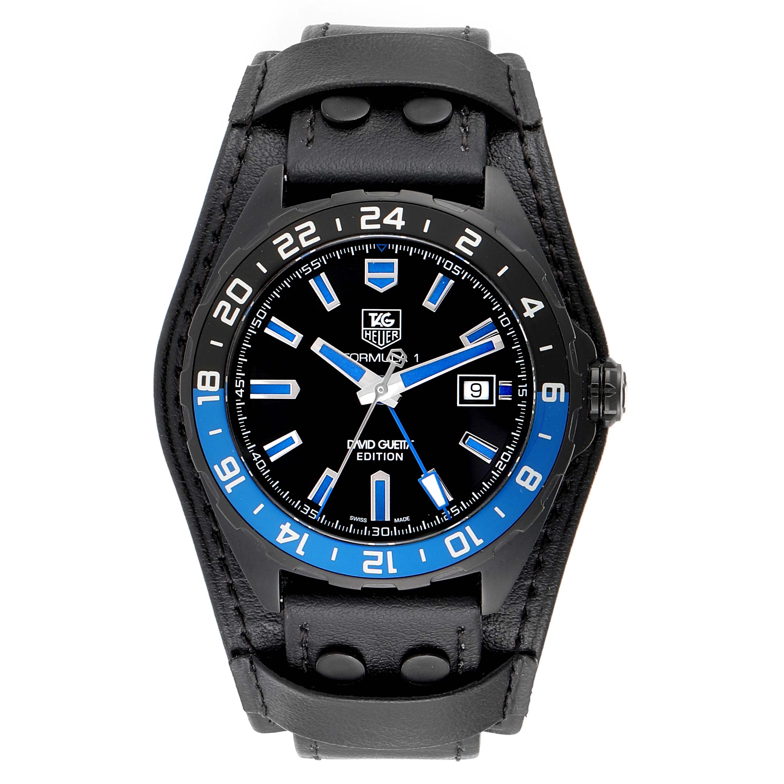 This image shows a top view of a Tag Heuer Formula 1 WAZ201A.FC8195 Men's Titanium Black Dial WAZ201A.FC8195 Men's Titanium Black Dial watch, highlighting the face, bezel, and leather strap.