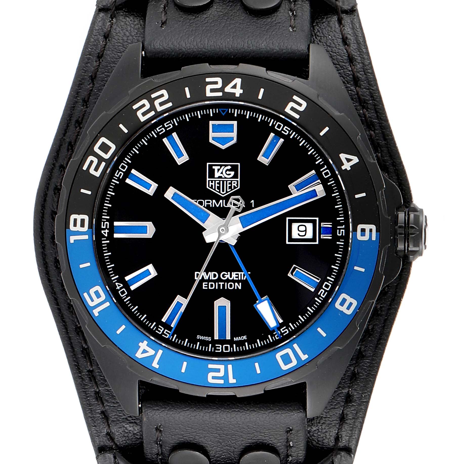 This image shows a front view of a Tag Heuer Formula 1 WAZ201A.FC8195 Men's Titanium Black Dial WAZ201A.FC8195 Men's Titanium Black Dial model watch with a black dial and blue accents.