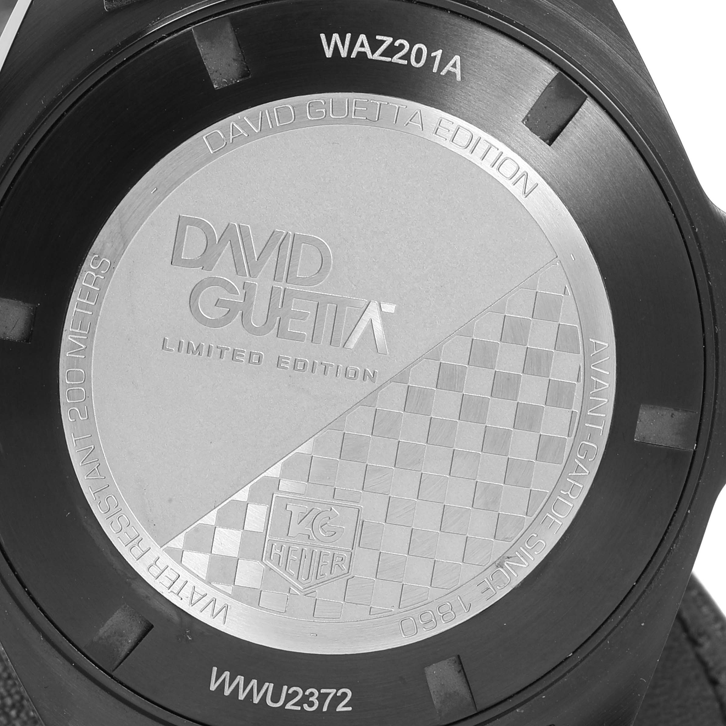 This image shows the back case of a Tag Heuer Formula 1 WAZ201A.FC8195 Men's Titanium Black Dial WAZ201A.FC8195 Men's Titanium Black Dial David Guetta Edition watch, displaying model and edition details.