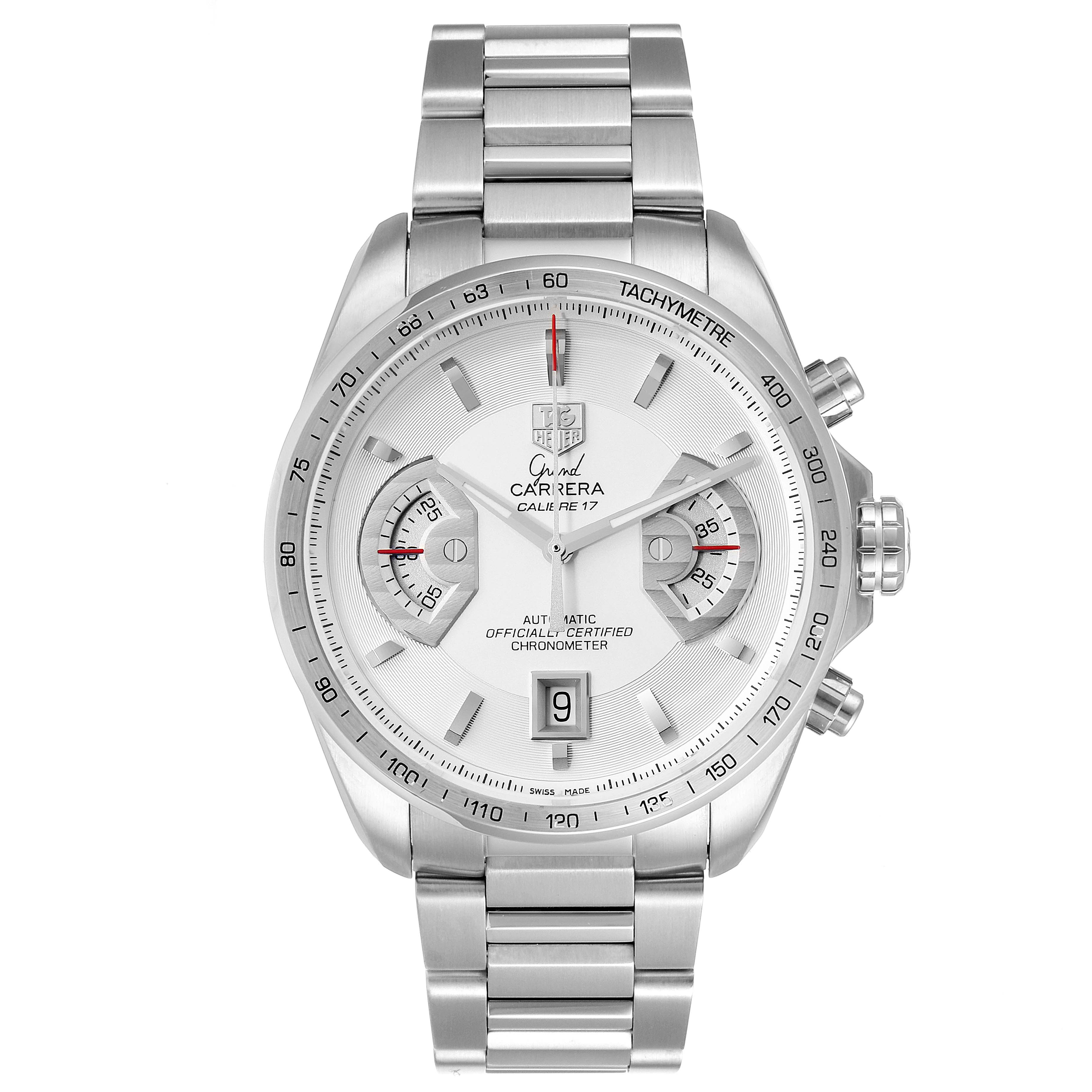 The image shows a front view of the Tag Heuer Carrera CAV511B Men's Stainless Steel Silver Dial CAV511B Men's Stainless Steel Silver Dial model watch, displaying its face, bezel, and bracelet.