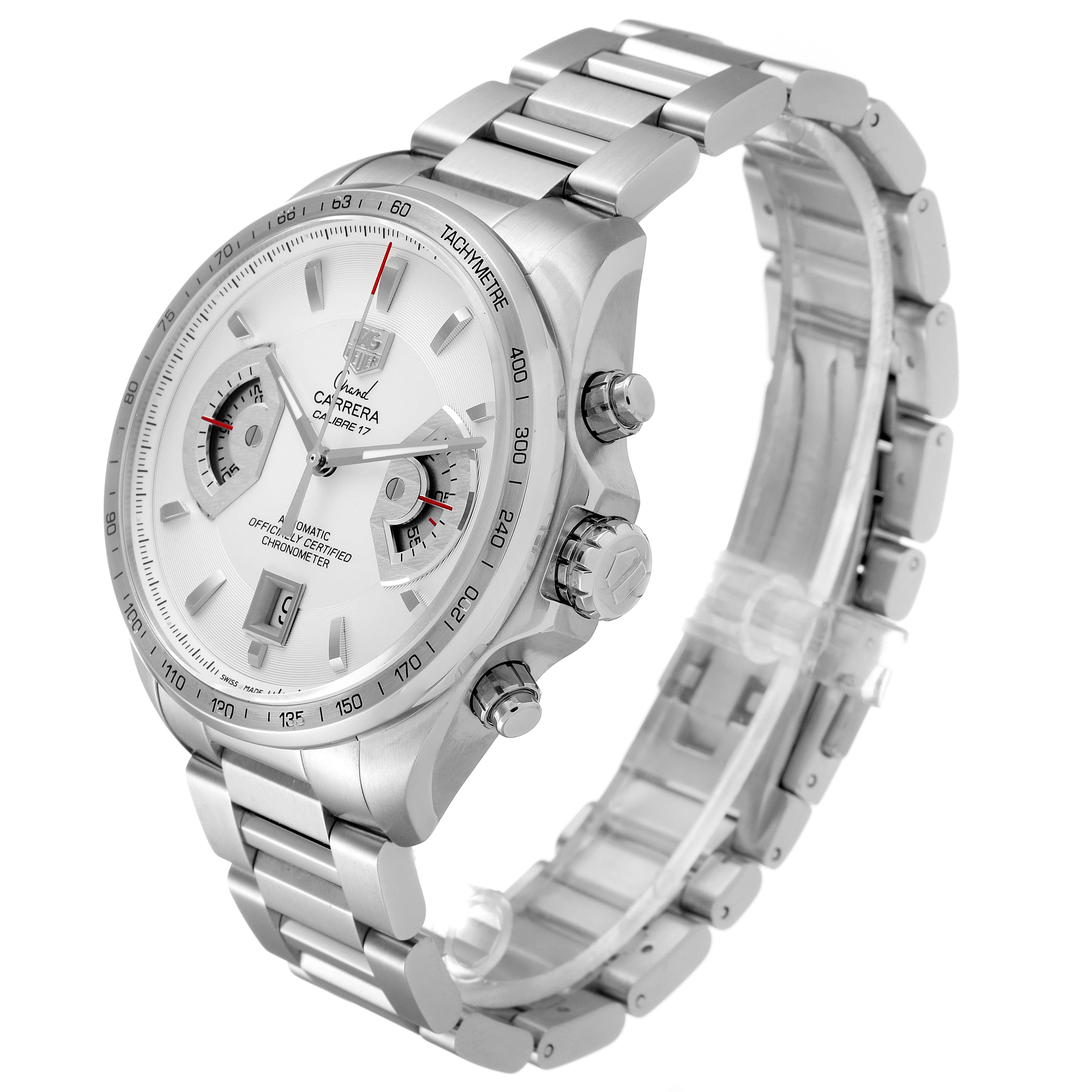The Tag Heuer Carrera CAV511B Men's Stainless Steel Silver Dial CAV511B Men's Stainless Steel Silver Dial watch is shown from a three-quarter angle, highlighting the face, bezel, and metal bracelet.