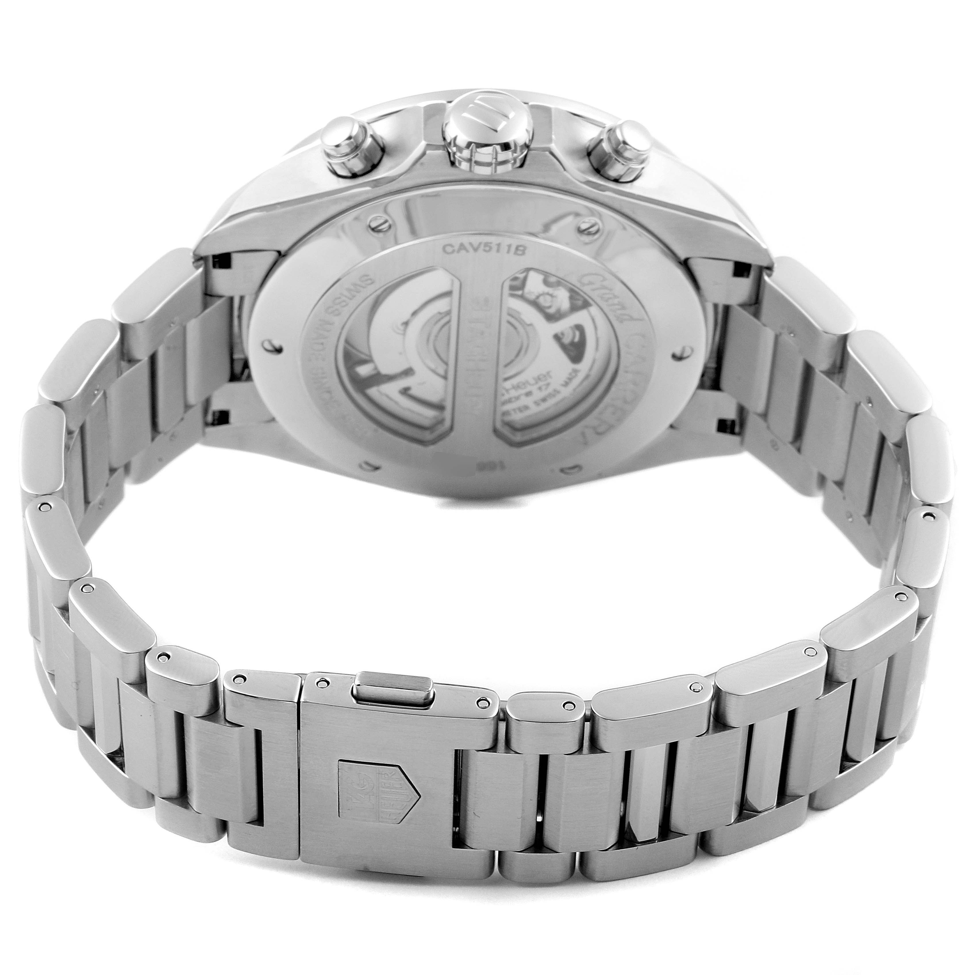 The image shows the back and clasp of the stainless steel Tag Heuer Carrera CAV511B Men's Stainless Steel Silver Dial CAV511B Men's Stainless Steel Silver Dial watch, including the visible gears and branding.