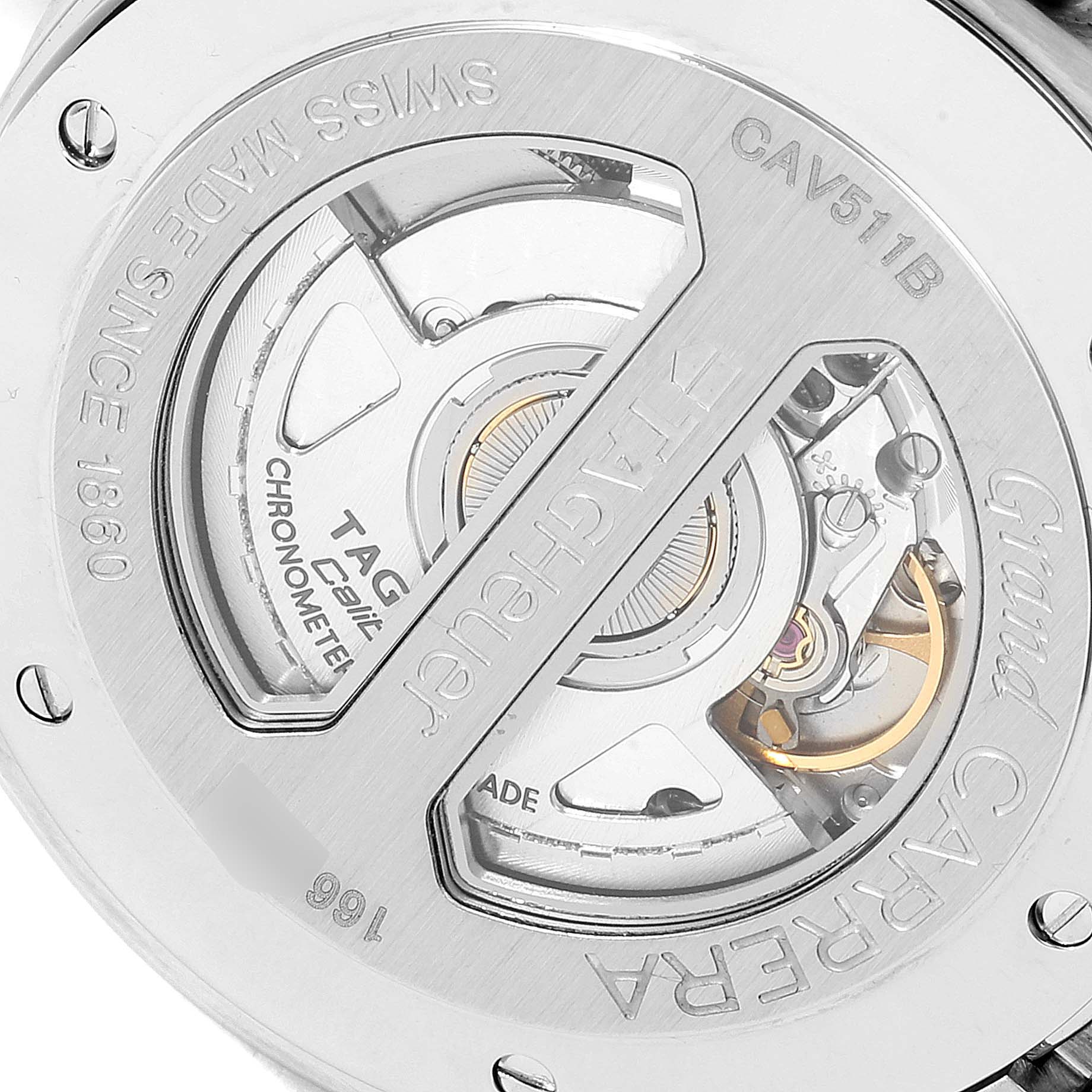 The image shows the back view of a Tag Heuer Carrera CAV511B Men's Stainless Steel Silver Dial CAV511B Men's Stainless Steel Silver Dial model watch, highlighting its internal mechanism and engravings.