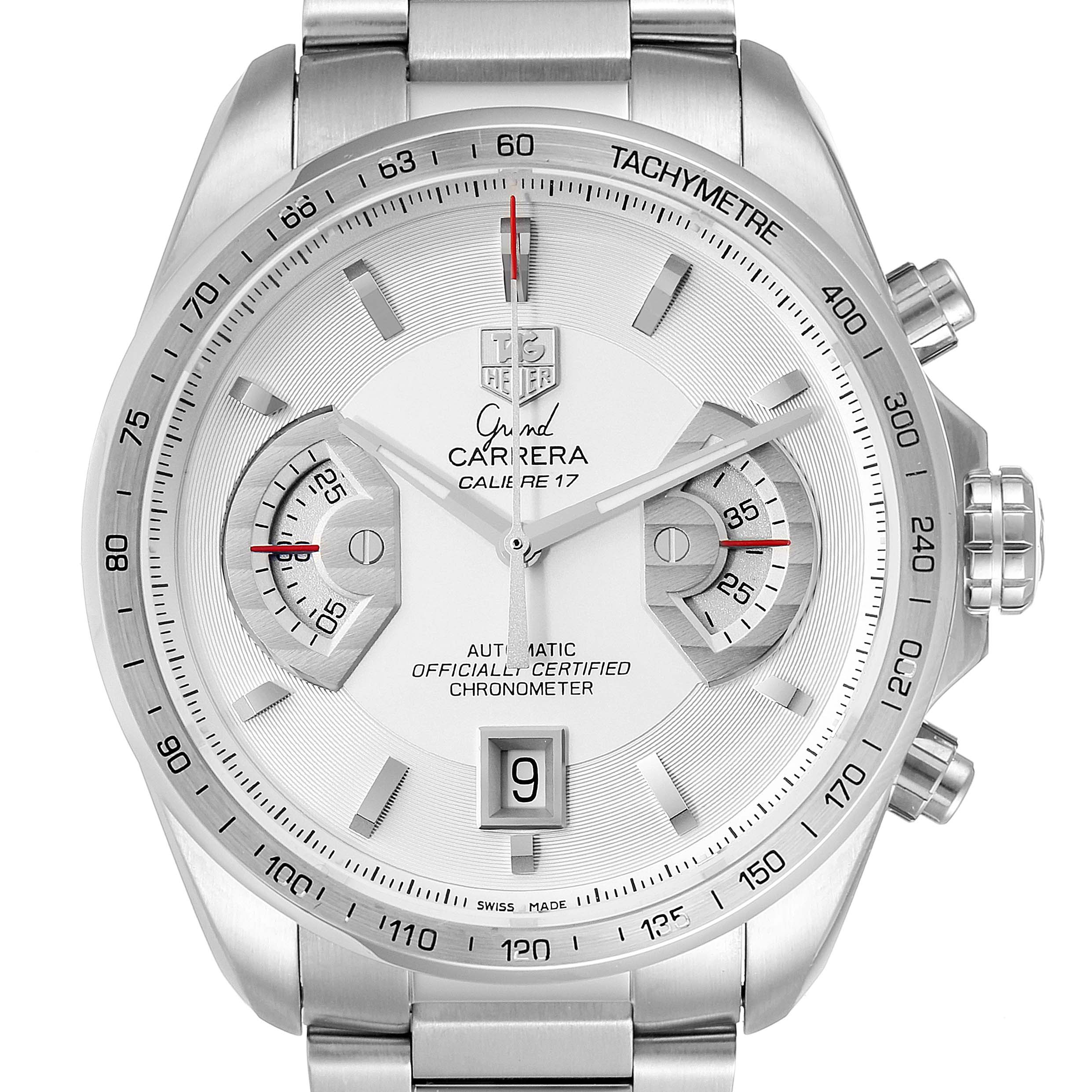 The image shows a front view of the Tag Heuer Carrera CAV511B Men's Stainless Steel Silver Dial CAV511B Men's Stainless Steel Silver Dial Grand Calibre 17 watch featuring its dial, date window, sub-dials, and tachymeter bezel.