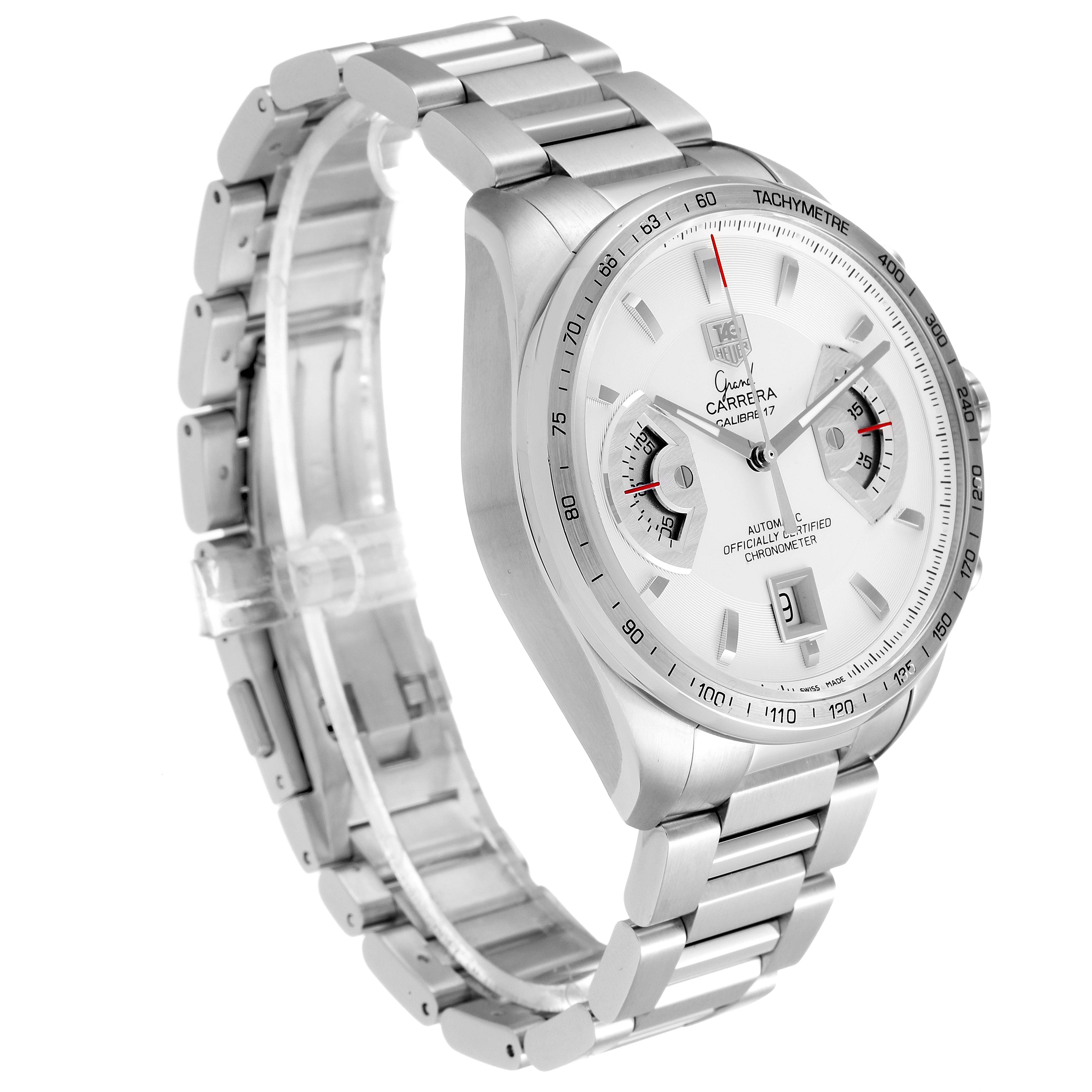 The Tag Heuer Carrera CAV511B Men's Stainless Steel Silver Dial CAV511B Men's Stainless Steel Silver Dial watch is shown at a slight angle, displaying its face, bezel, and metal bracelet.
