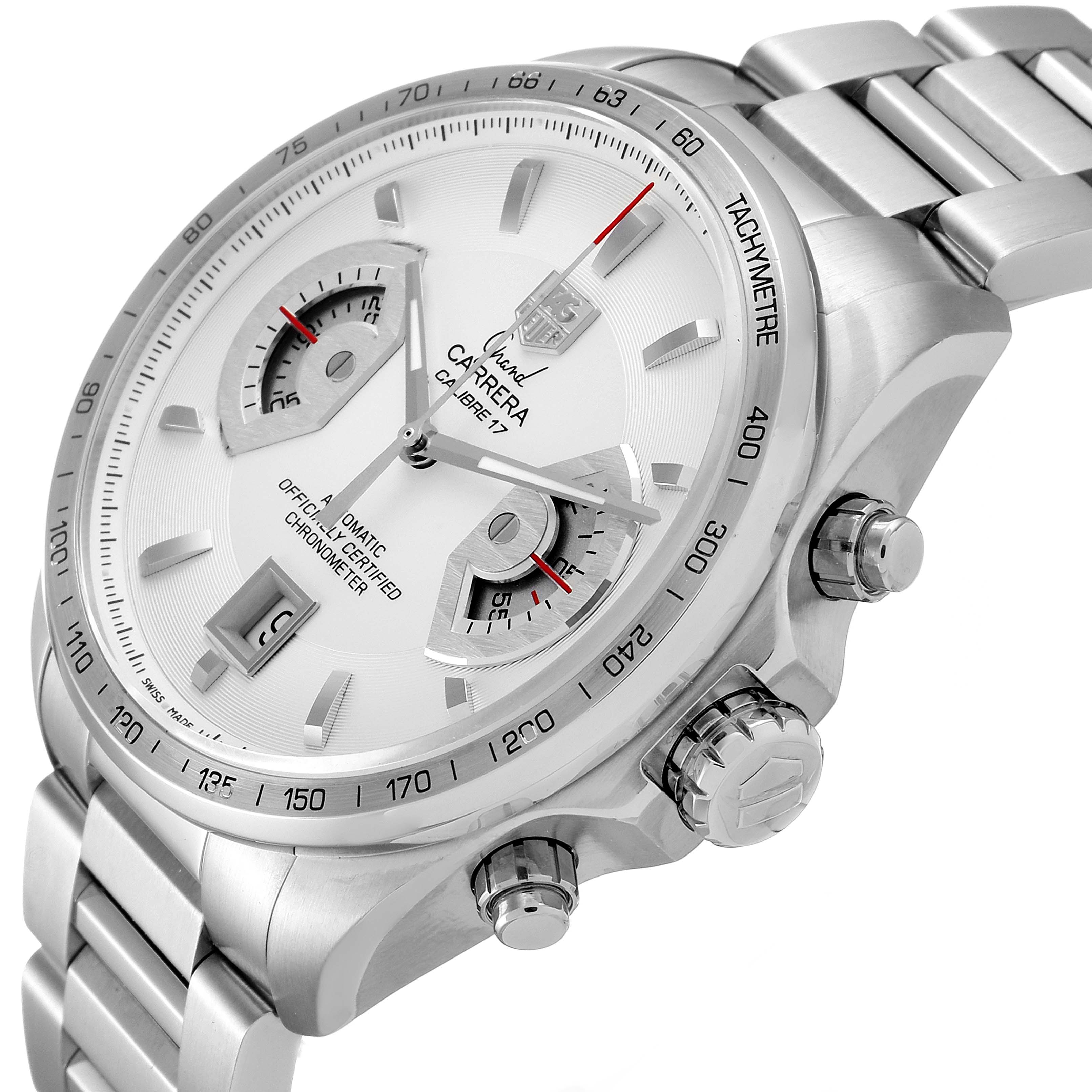 The image shows a Tag Heuer Carrera CAV511B Men's Stainless Steel Silver Dial CAV511B Men's Stainless Steel Silver Dial watch at a slight side angle, displaying its face, bezel, and part of the bracelet.