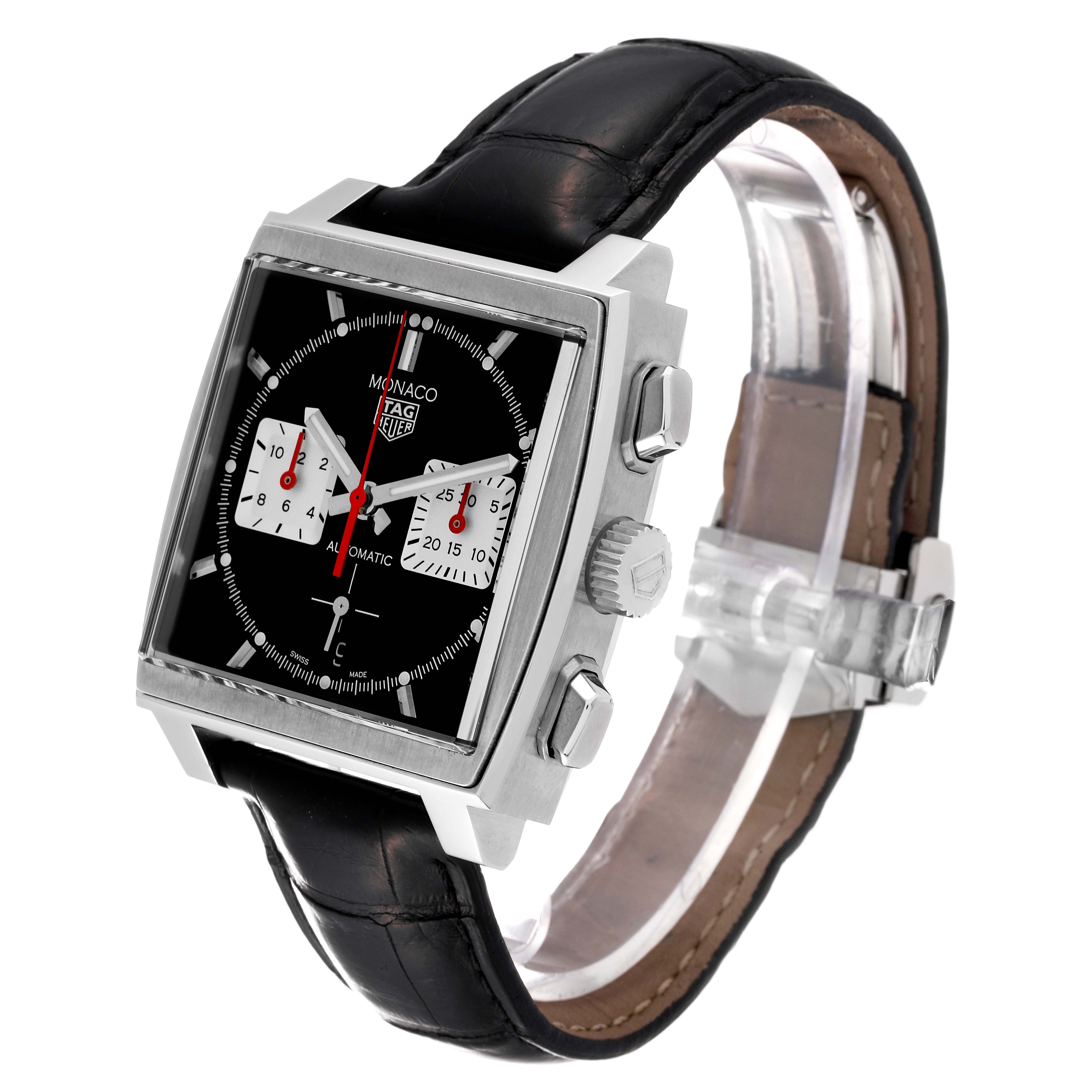 The image shows a Tag Heuer Monaco CBL2113 Men
s Stainless Steel Black Dial CBL2113 Men
s Stainless Steel Black Dial watch angled from the front-right, highlighting its square dial, pushers, crown, and black leather strap.