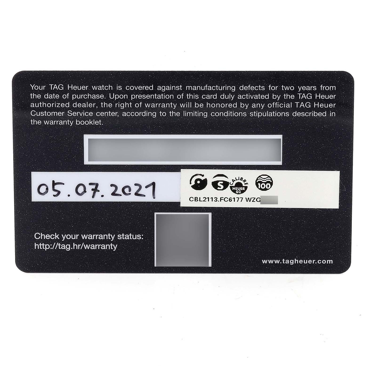 This is a close-up view of a Tag Heuer Monaco CBL2113 Men
s Stainless Steel Black Dial CBL2113 Men
s Stainless Steel Black Dial model warranty card.