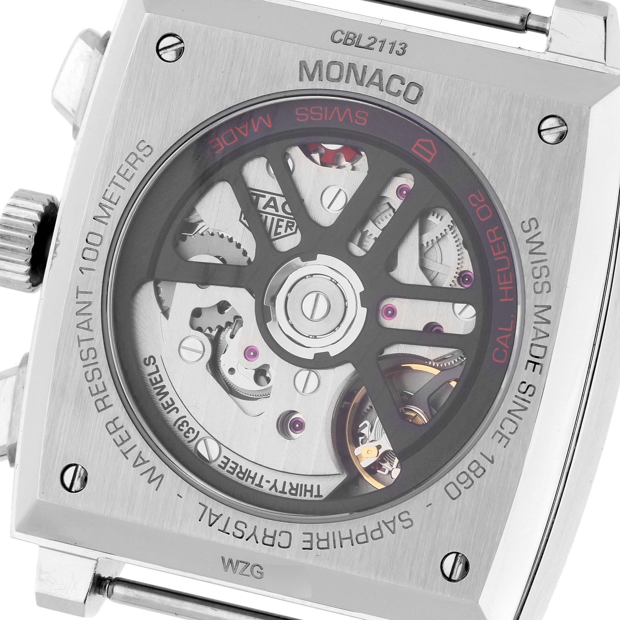 This image shows the back view of the Tag Heuer Monaco CBL2113 Men
s Stainless Steel Black Dial CBL2113 Men
s Stainless Steel Black Dial watch, highlighting its movement and internal mechanics.