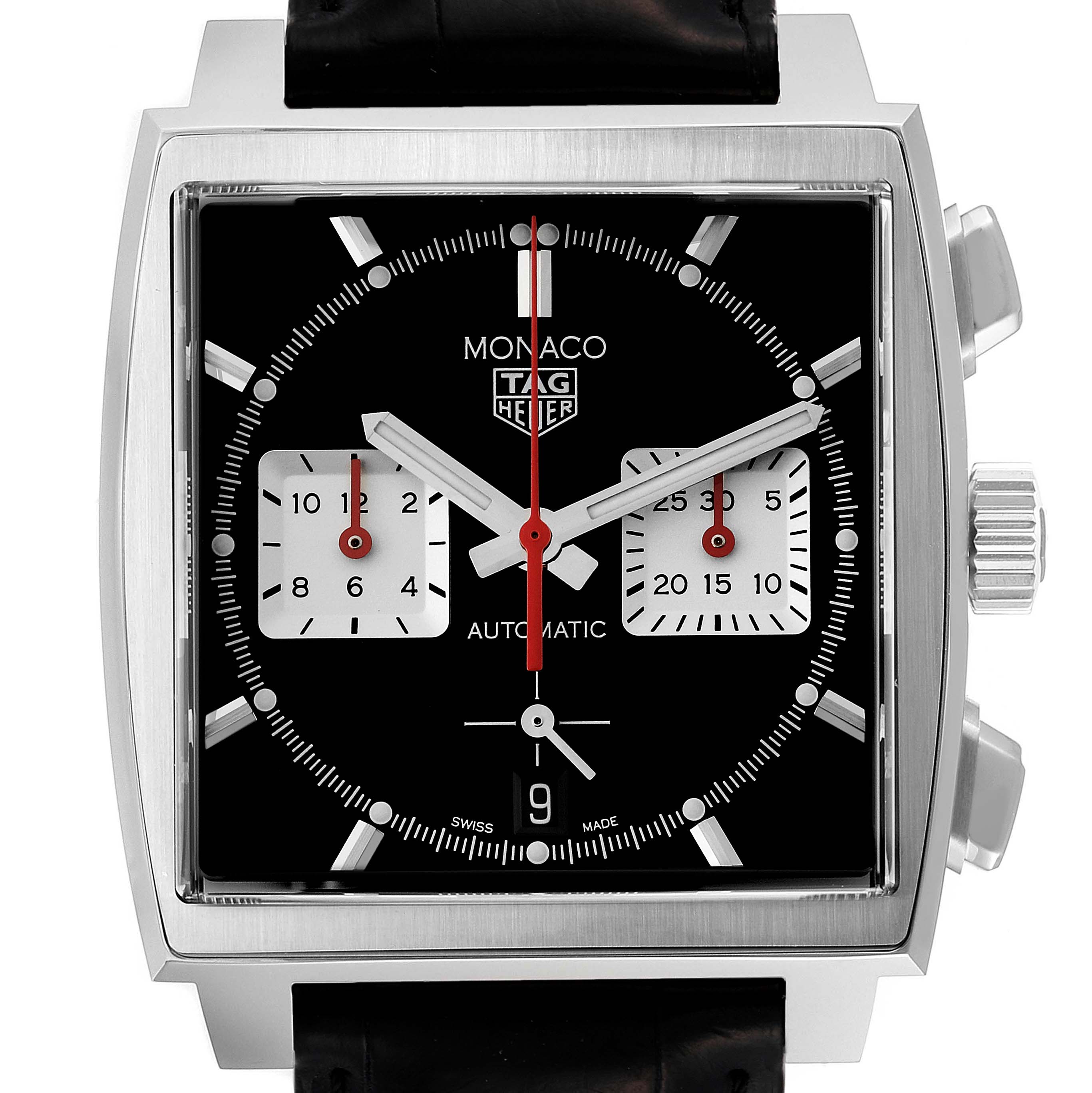 The image displays a front view of the Tag Heuer Monaco CBL2113 Men
s Stainless Steel Black Dial CBL2113 Men
s Stainless Steel Black Dial watch, highlighting its square dial, chronograph subdials, and crown.