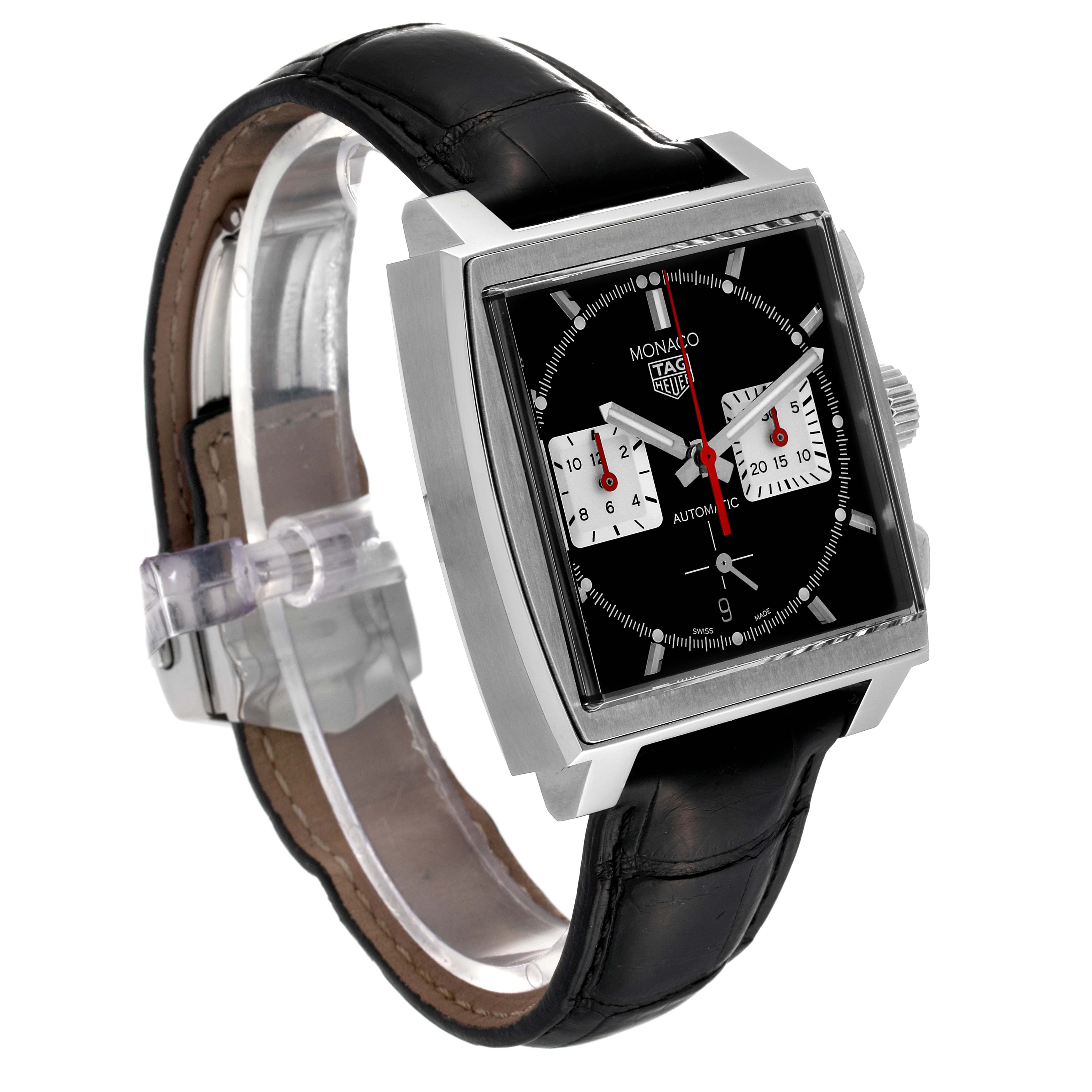 The image shows a three-quarter angle of the Tag Heuer Monaco CBL2113 Men
s Stainless Steel Black Dial CBL2113 Men
s Stainless Steel Black Dial watch, highlighting its square face, black dial, and leather strap.