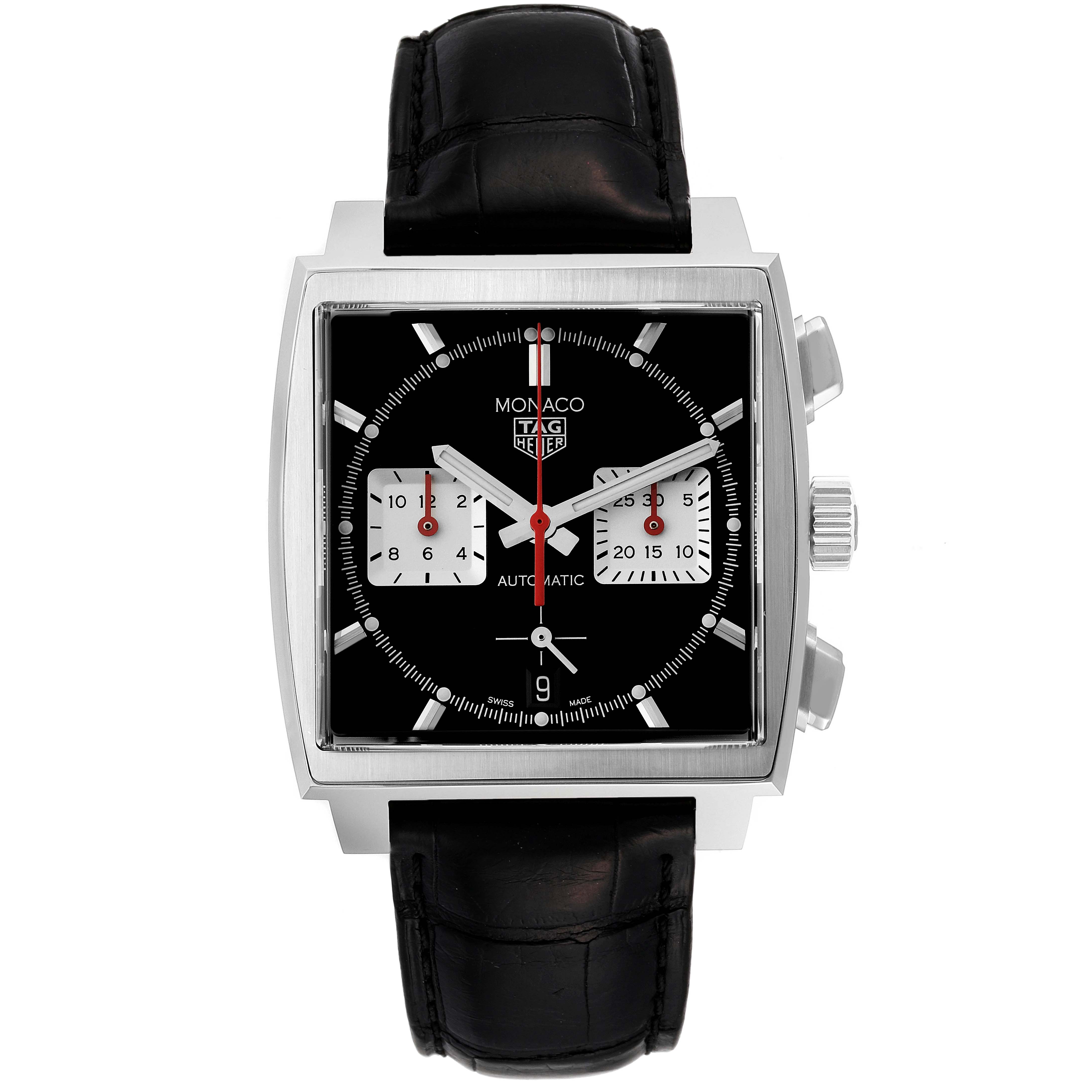 This Tag Heuer Monaco CBL2113 Men
s Stainless Steel Black Dial CBL2113 Men
s Stainless Steel Black Dial watch is shown from the front, showcasing its square black dial and black leather strap.