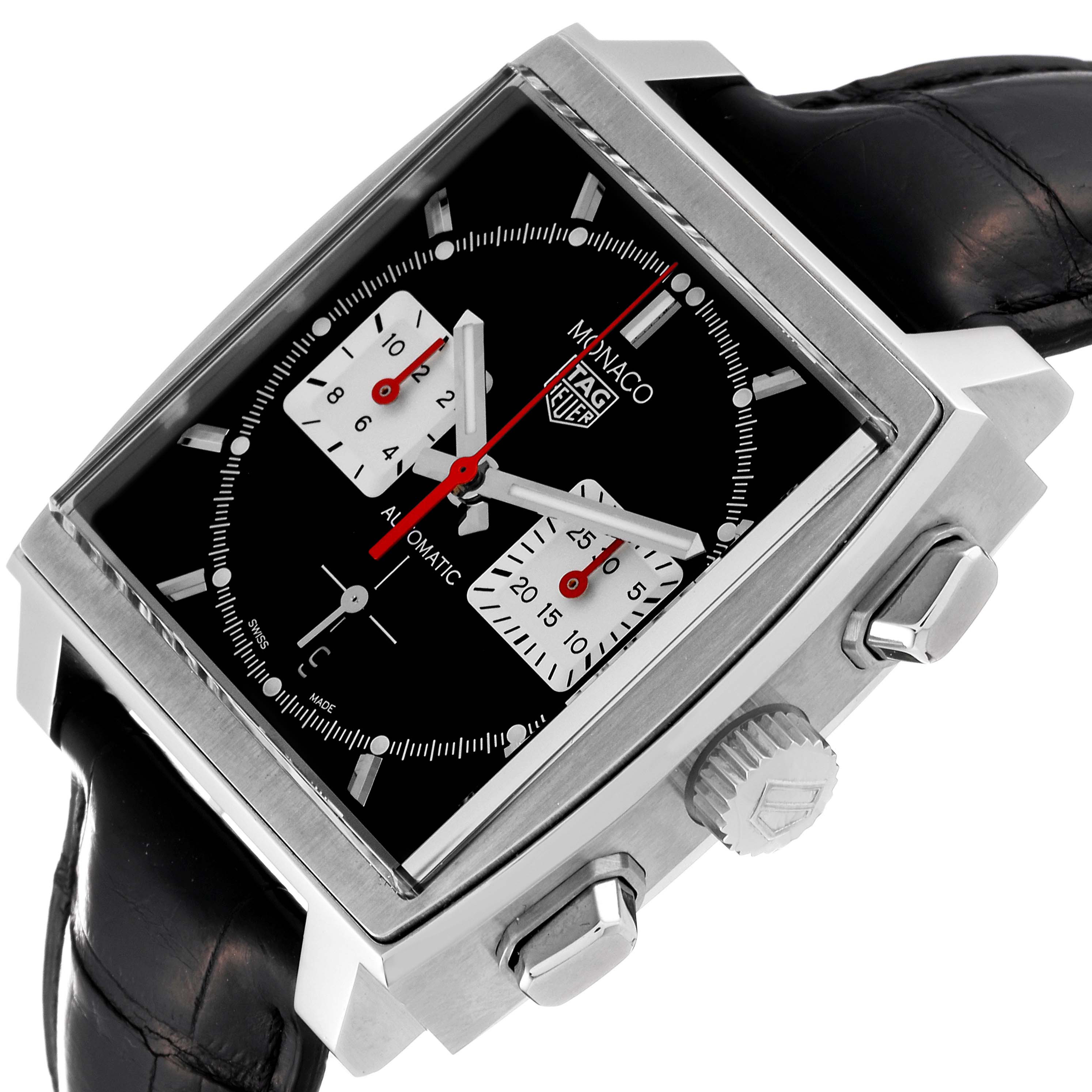 The image shows the front and side view of a Tag Heuer Monaco CBL2113 Men
s Stainless Steel Black Dial CBL2113 Men
s Stainless Steel Black Dial watch, highlighting its face, crown, and pushers.