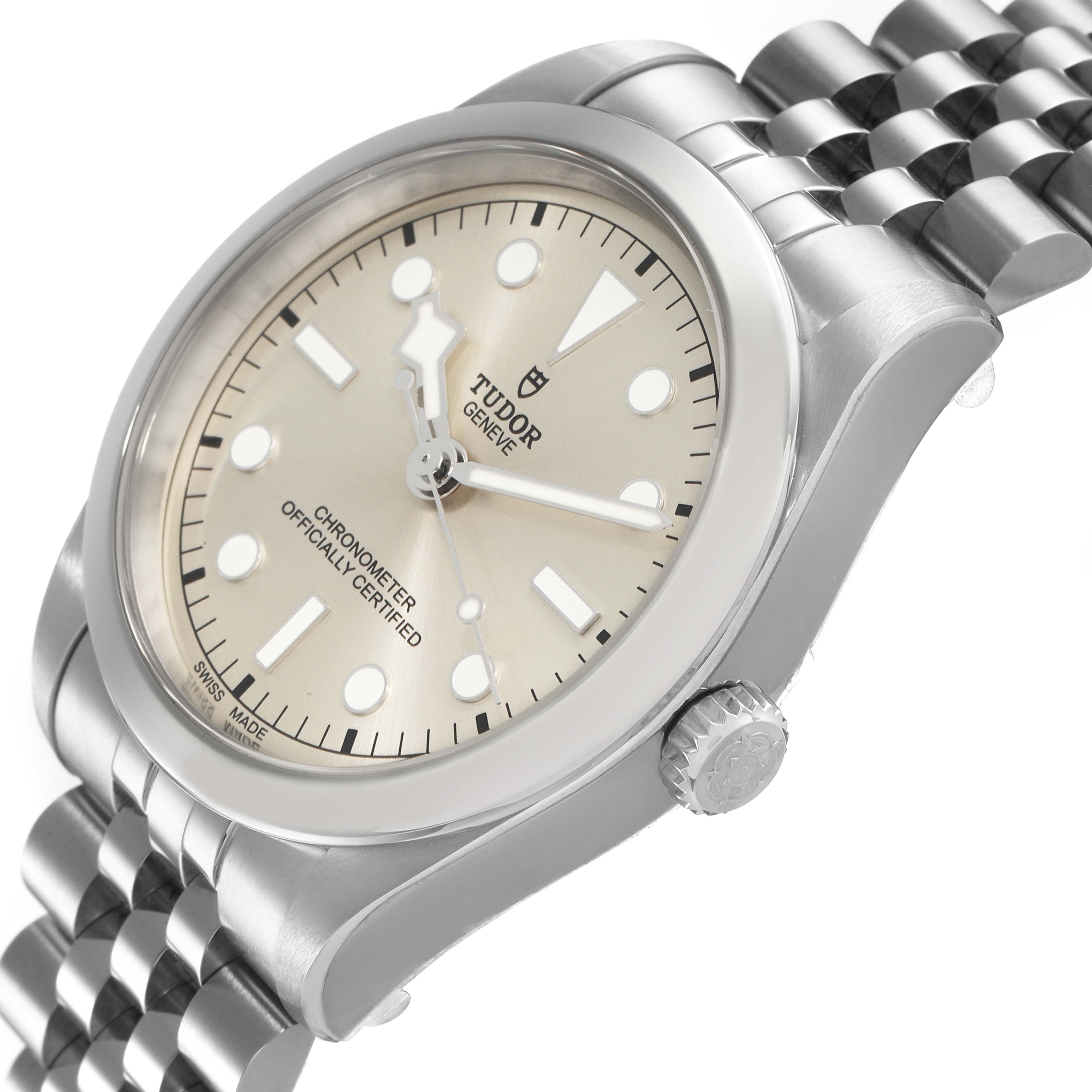 The Tudor Heritage Black Bay 79640 Men's Stainless Steel Silver Dial watch is angled to show the dial, case, crown, and bracelet.