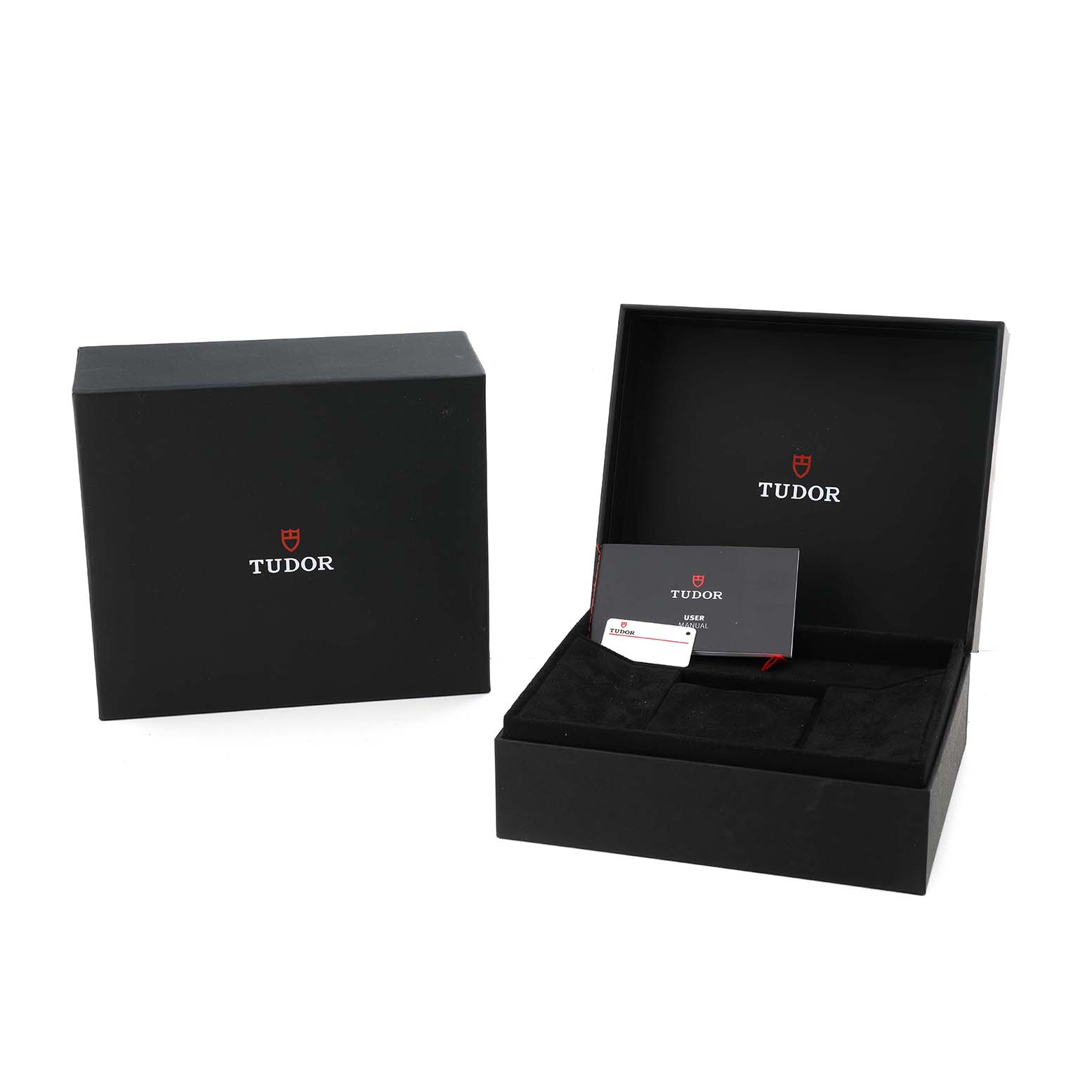 The image shows the open box for the Tudor Heritage Black Bay 79640 Men's Stainless Steel Silver Dial model, displaying warranty cards and packaging.
