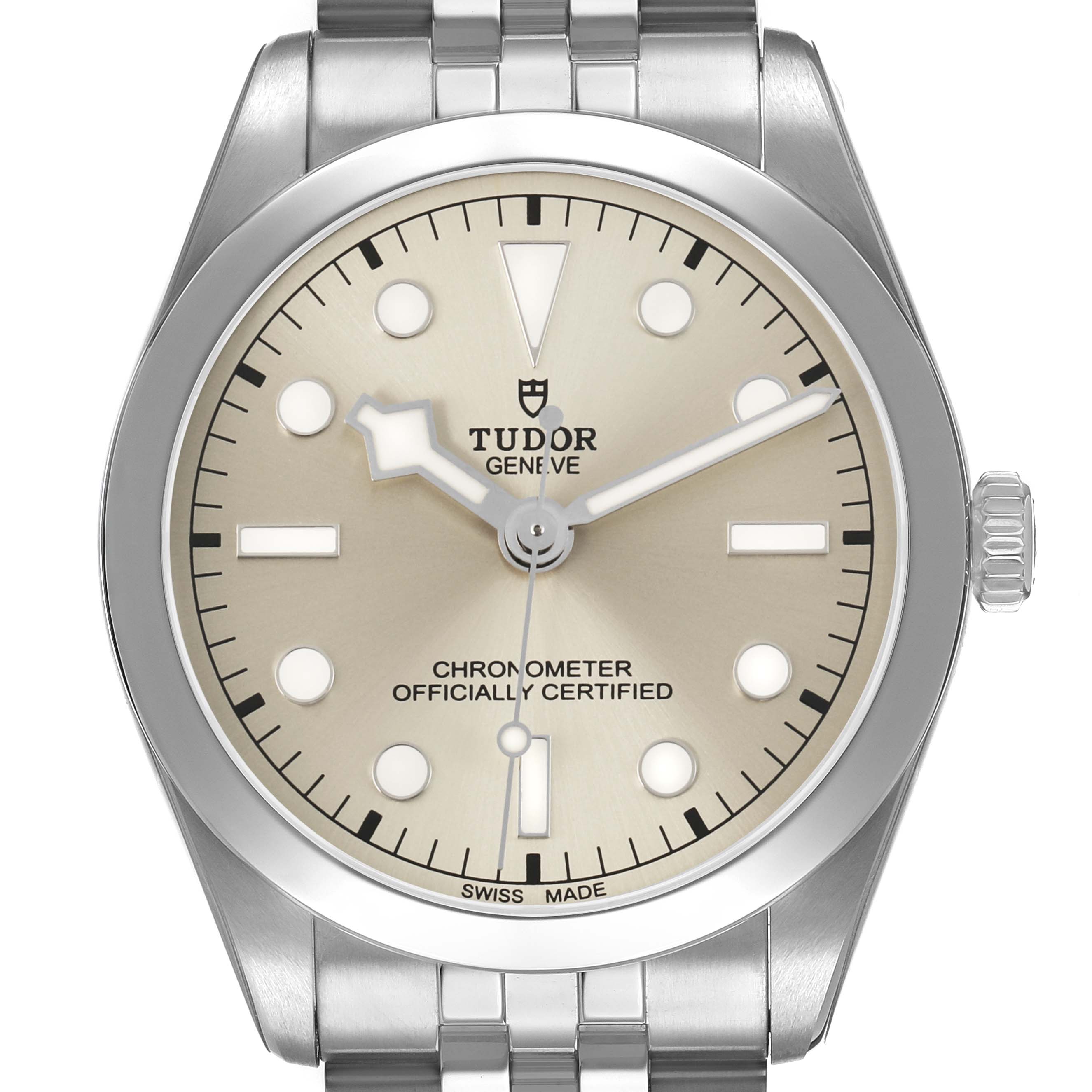 The Tudor Heritage Black Bay 79640 Men's Stainless Steel Silver Dial watch is shown from the front, displaying its dial, hands, markers, bezel, and part of the bracelet.