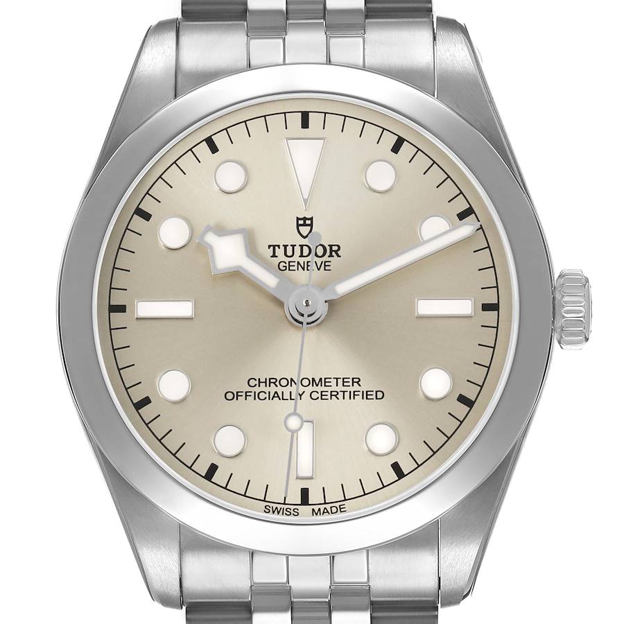 The Tudor Heritage Black Bay 79640 Men's Stainless Steel Silver Dial watch is shown from the front, displaying its dial, hands, markers, bezel, and part of the bracelet.