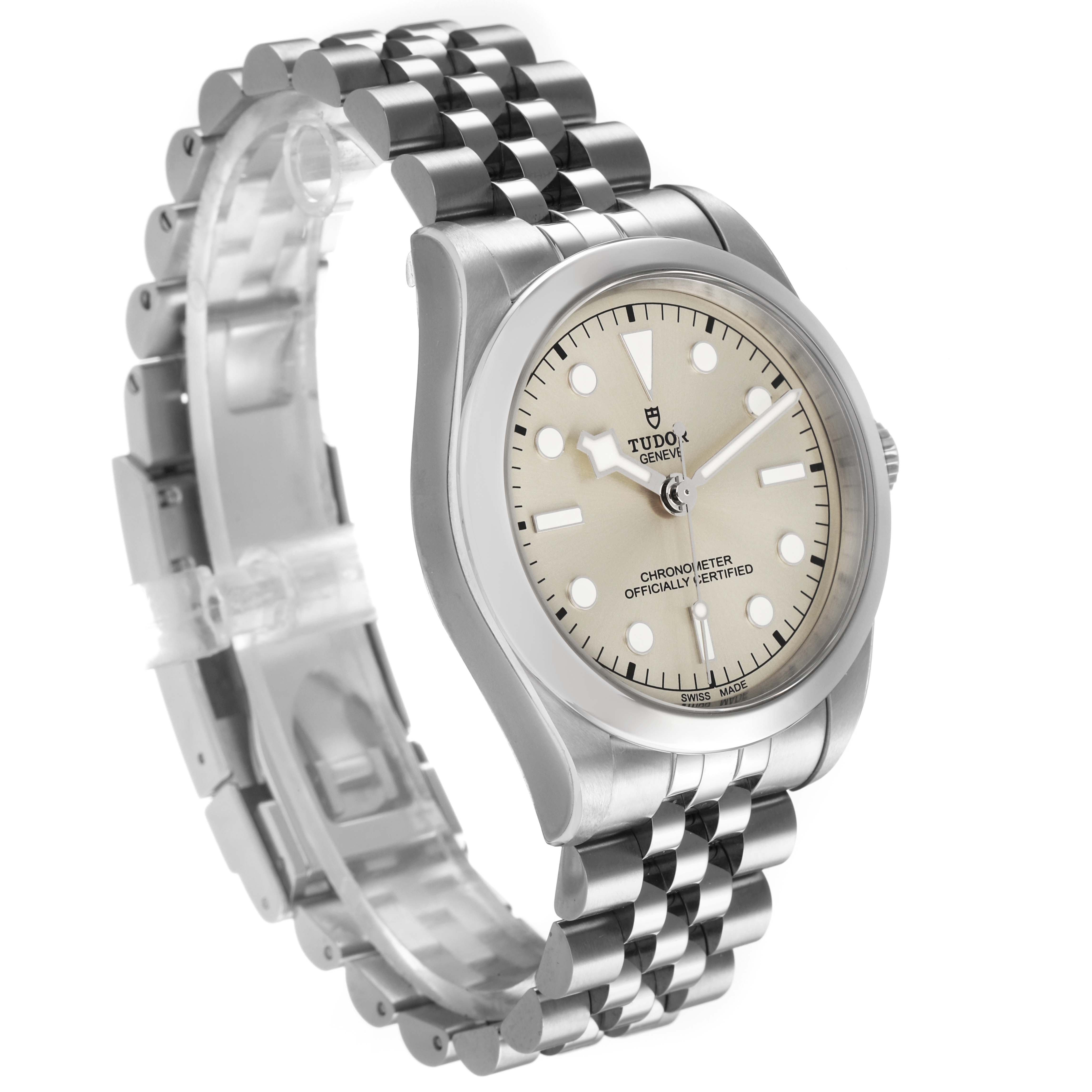 The Tudor Heritage Black Bay 79640 Men's Stainless Steel Silver Dial watch is shown at an oblique angle, highlighting the dial, case, and bracelet.