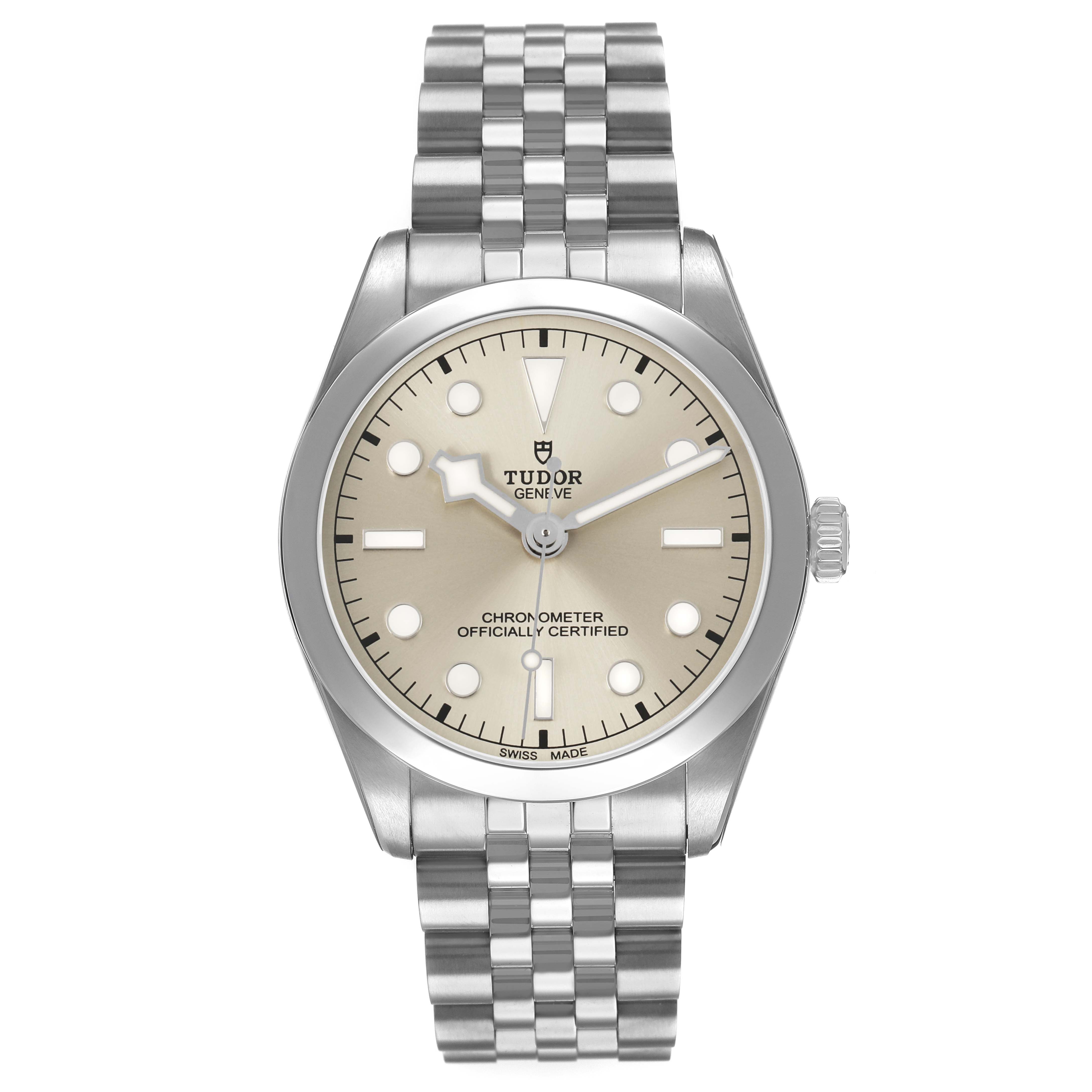 The Tudor Heritage Black Bay 79640 Men's Stainless Steel Silver Dial watch is shown from the front, displaying the dial, case, and bracelet.