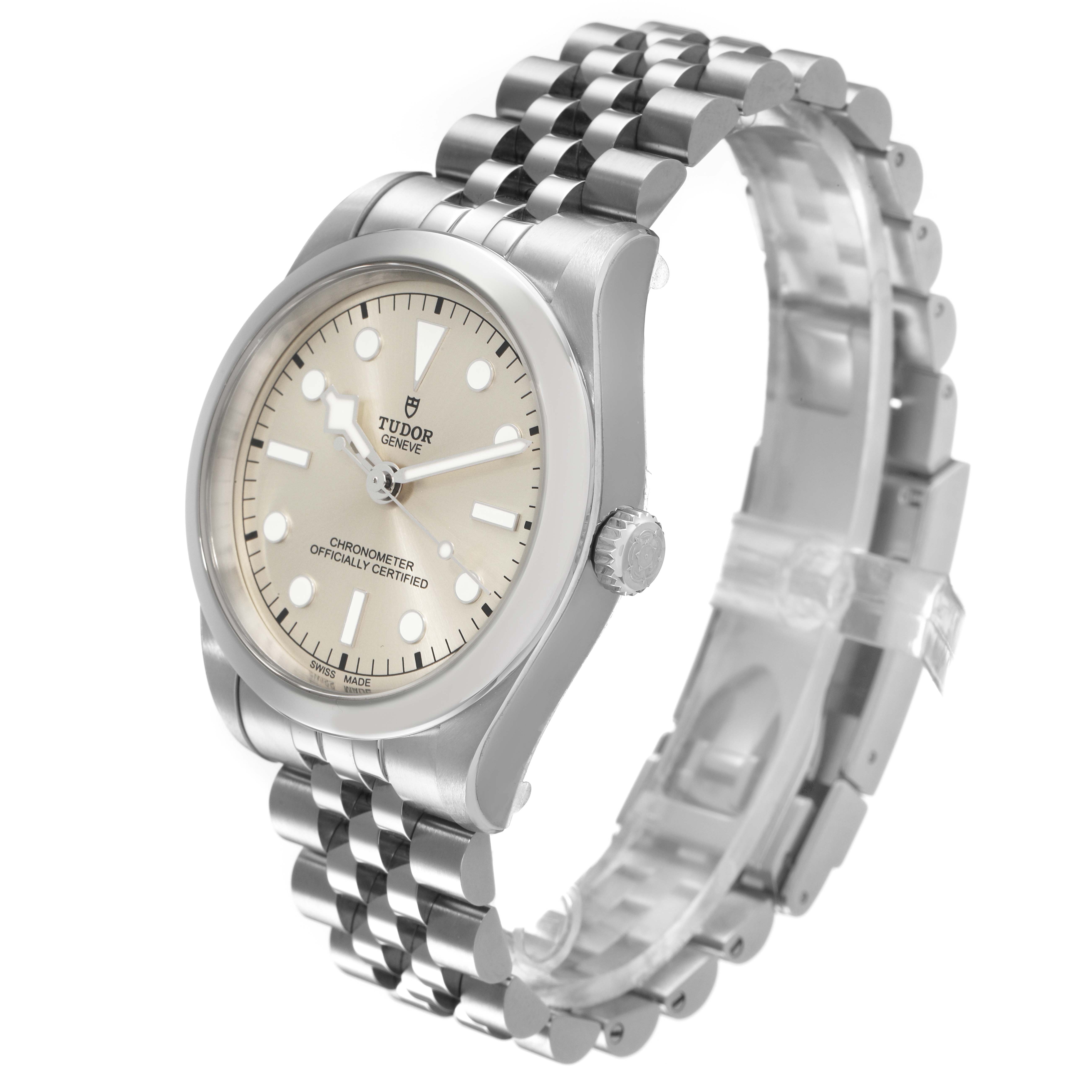 The Tudor Heritage Black Bay 79640 Men's Stainless Steel Silver Dial watch is shown at a slight angle displaying the face, bezel, crown, and part of the bracelet.