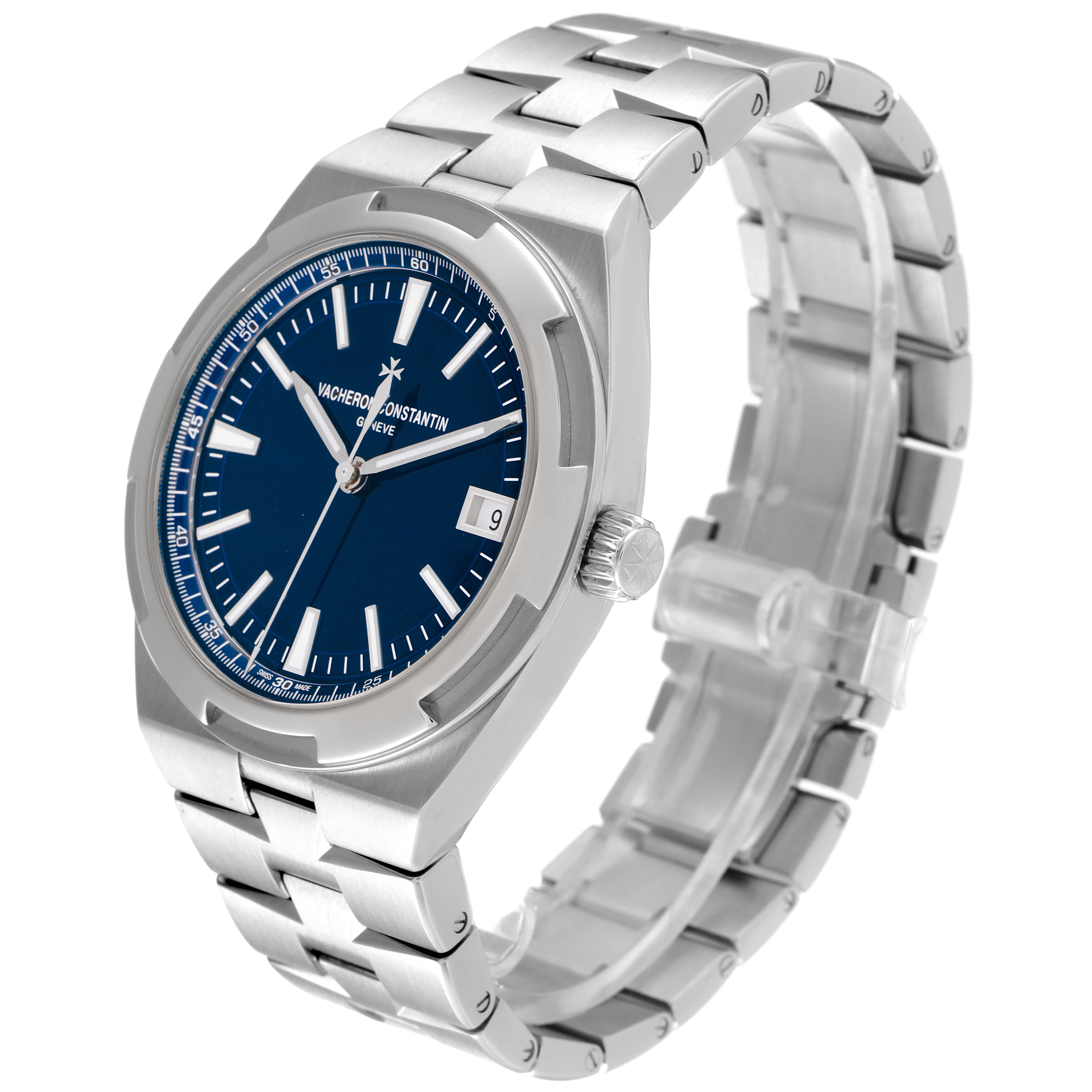 The image shows a Vacheron Constantin Overseas 4500V/110A-B128 Men's Stainless Steel Blue Dial 4500V/110A-B128 Men's Stainless Steel Blue Dial watch from a front-side angle, highlighting its blue dial and stainless steel bracelet.
