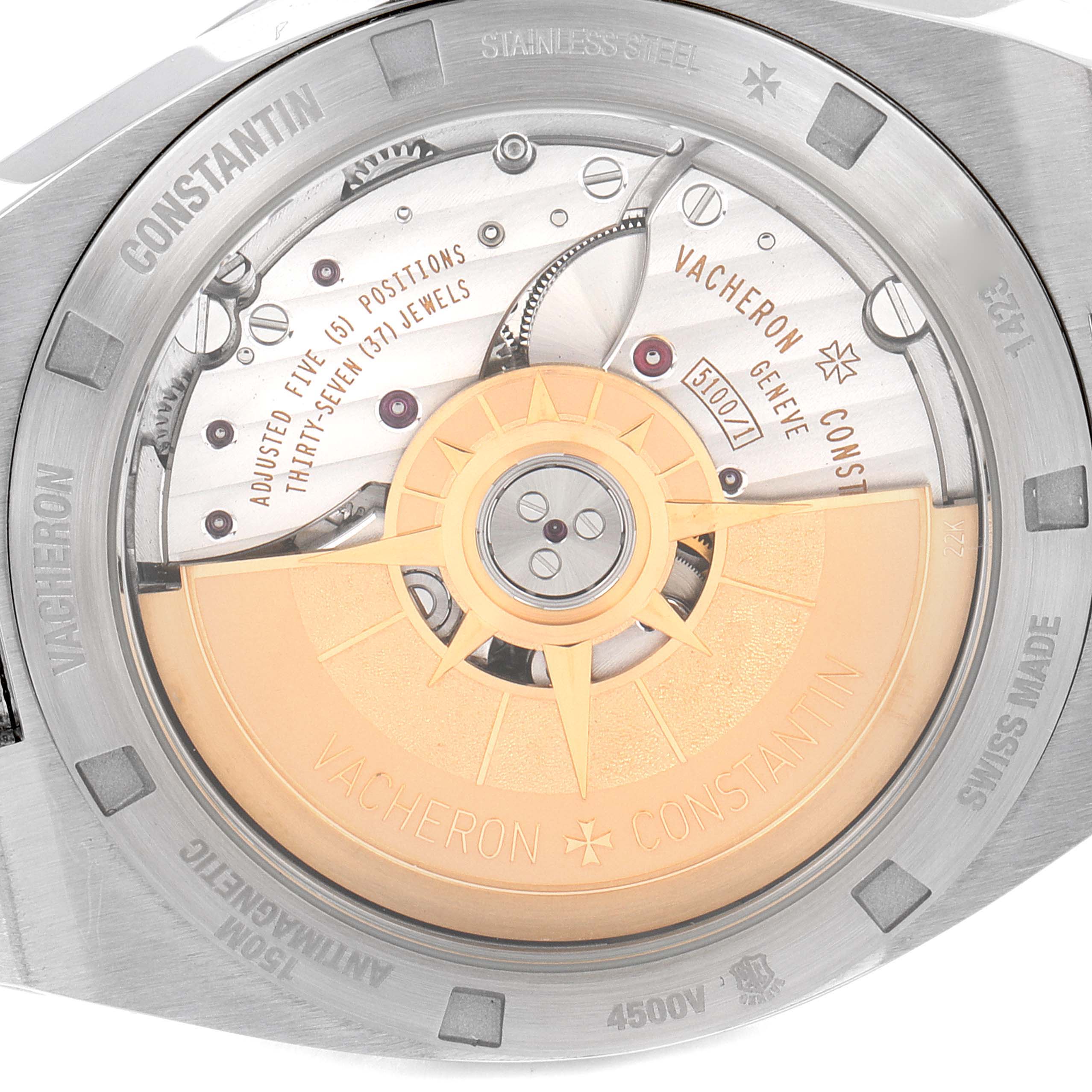 This image shows the back case of a Vacheron Constantin Overseas 4500V/110A-B128 Men's Stainless Steel Blue Dial 4500V/110A-B128 Men's Stainless Steel Blue Dial watch, revealing its automatic movement and intricate components.