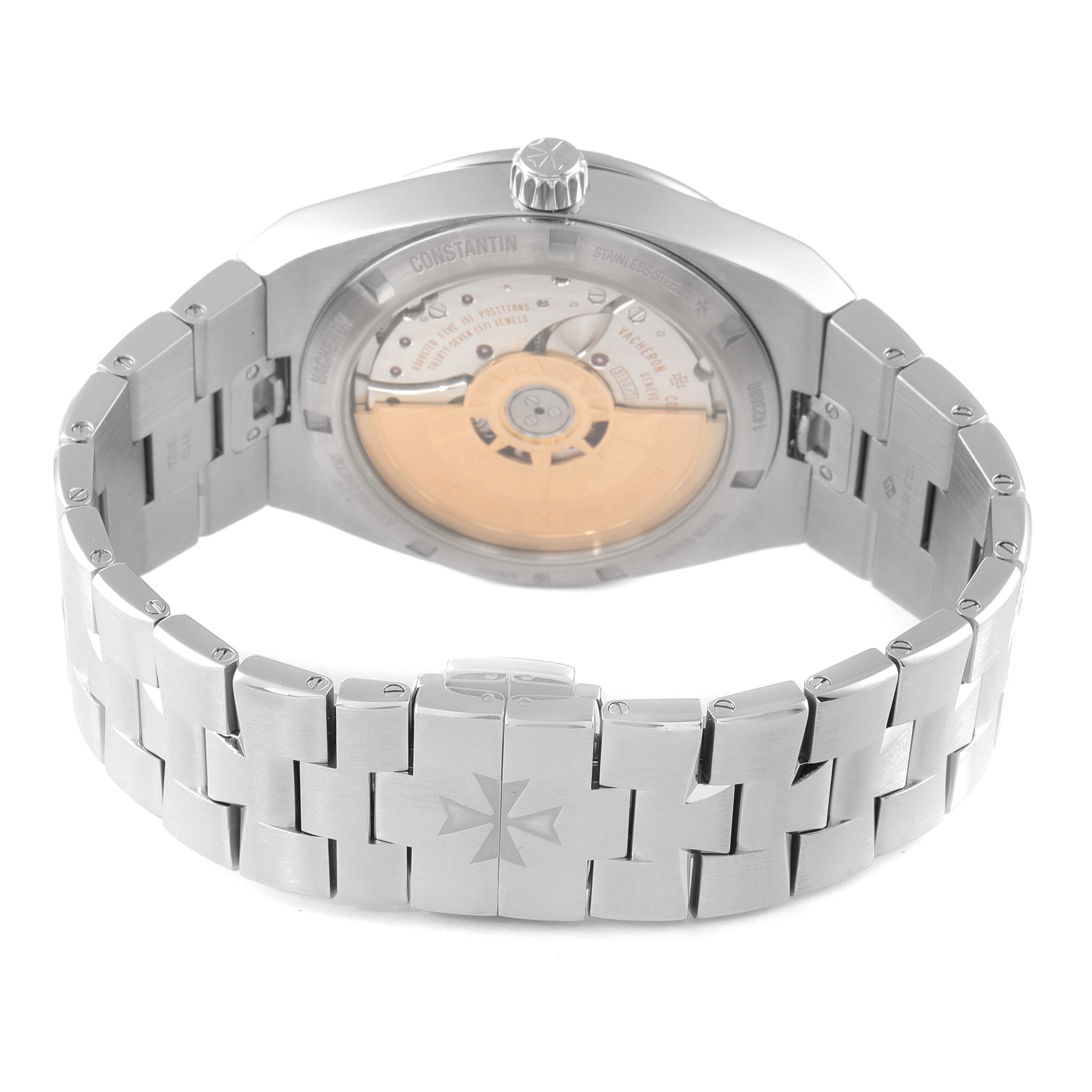 This image shows the back view of the Vacheron Constantin Overseas 4500V/110A-B128 Men's Stainless Steel Blue Dial 4500V/110A-B128 Men's Stainless Steel Blue Dial watch, highlighting its metal bracelet and visible mechanism.